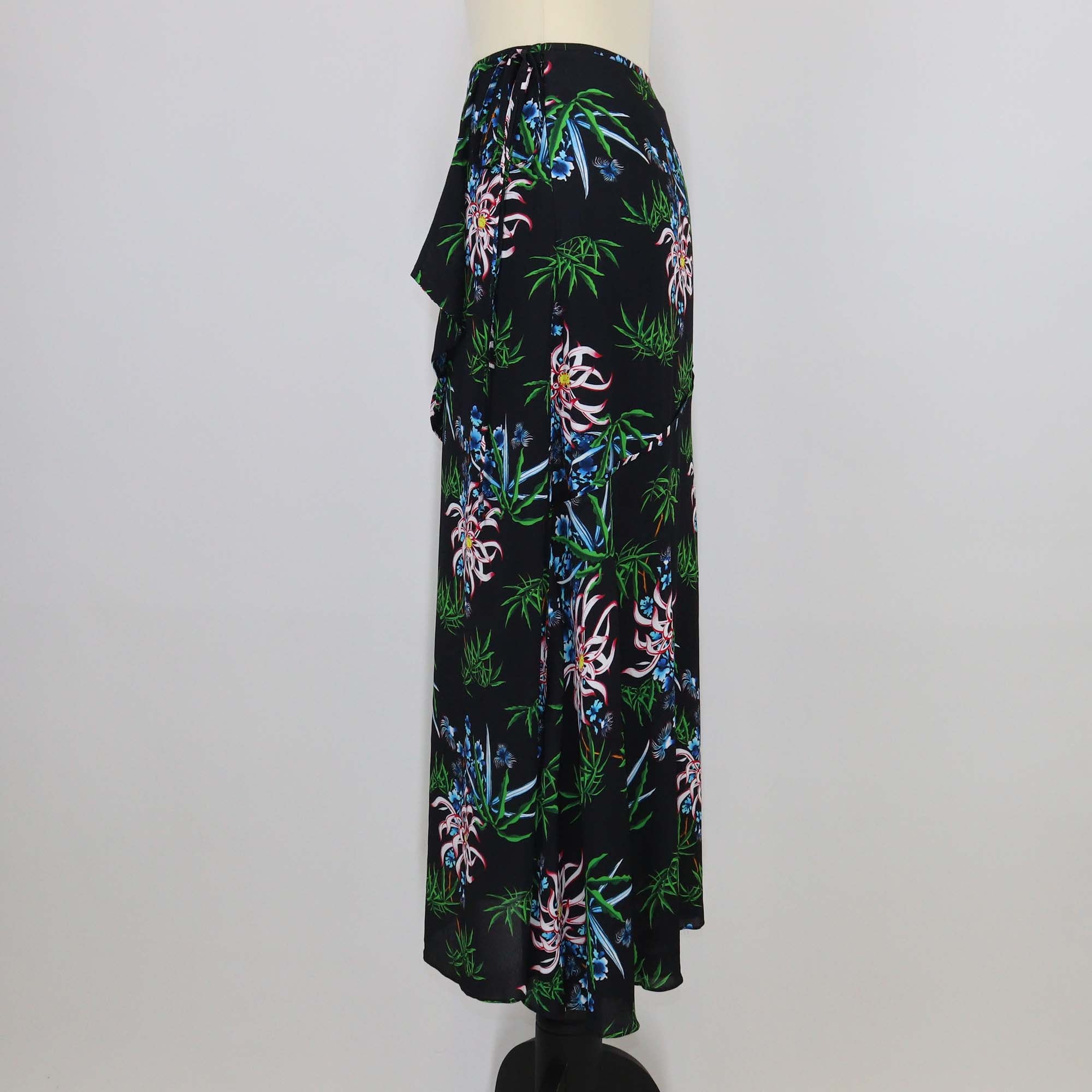 Kenzo Black/Multicolor Printed Viscose Soft Ruffle Midi Skirt