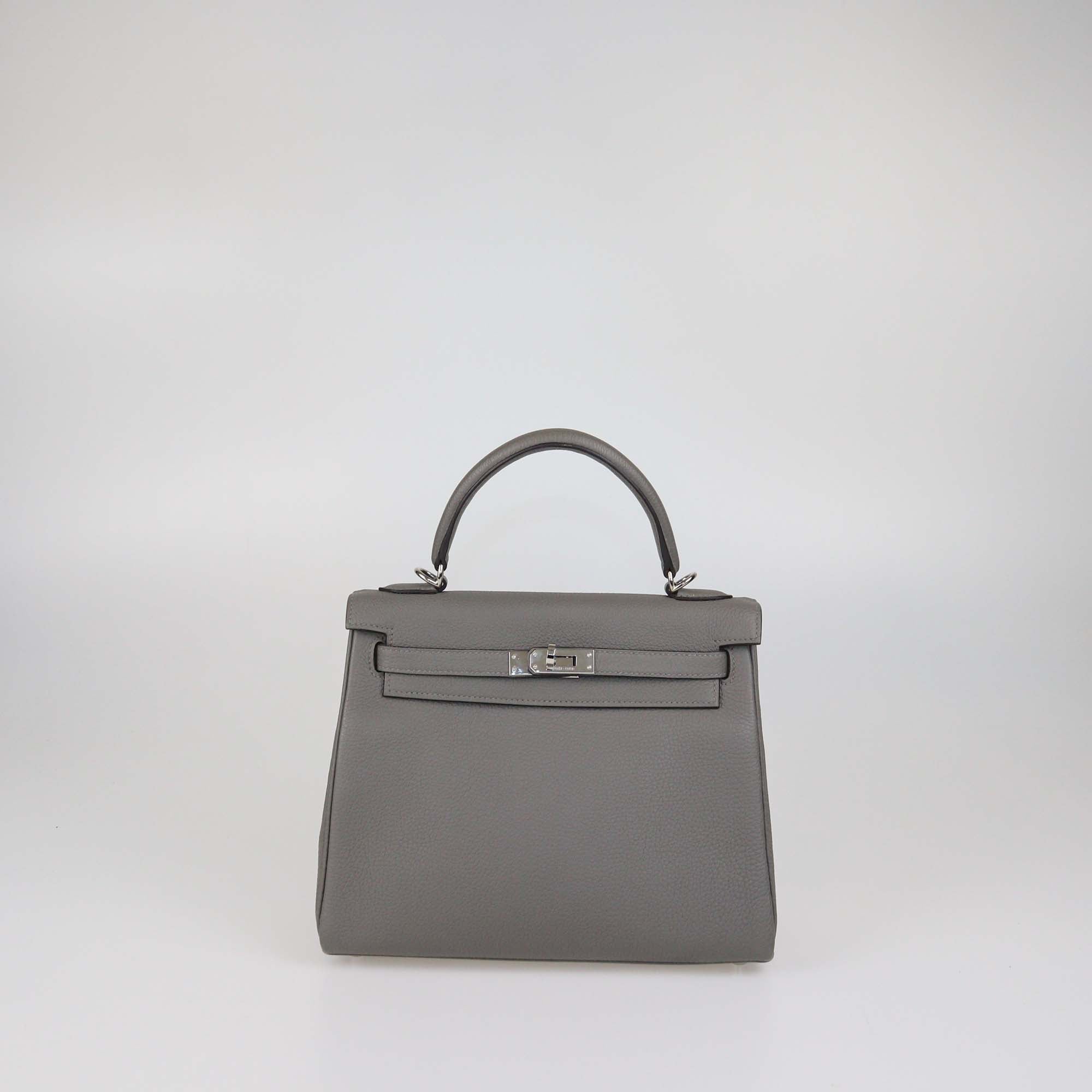 Hermes Gris Meyer Togo Leather Palladium Hardware Kelly Retourne 25 Bag
