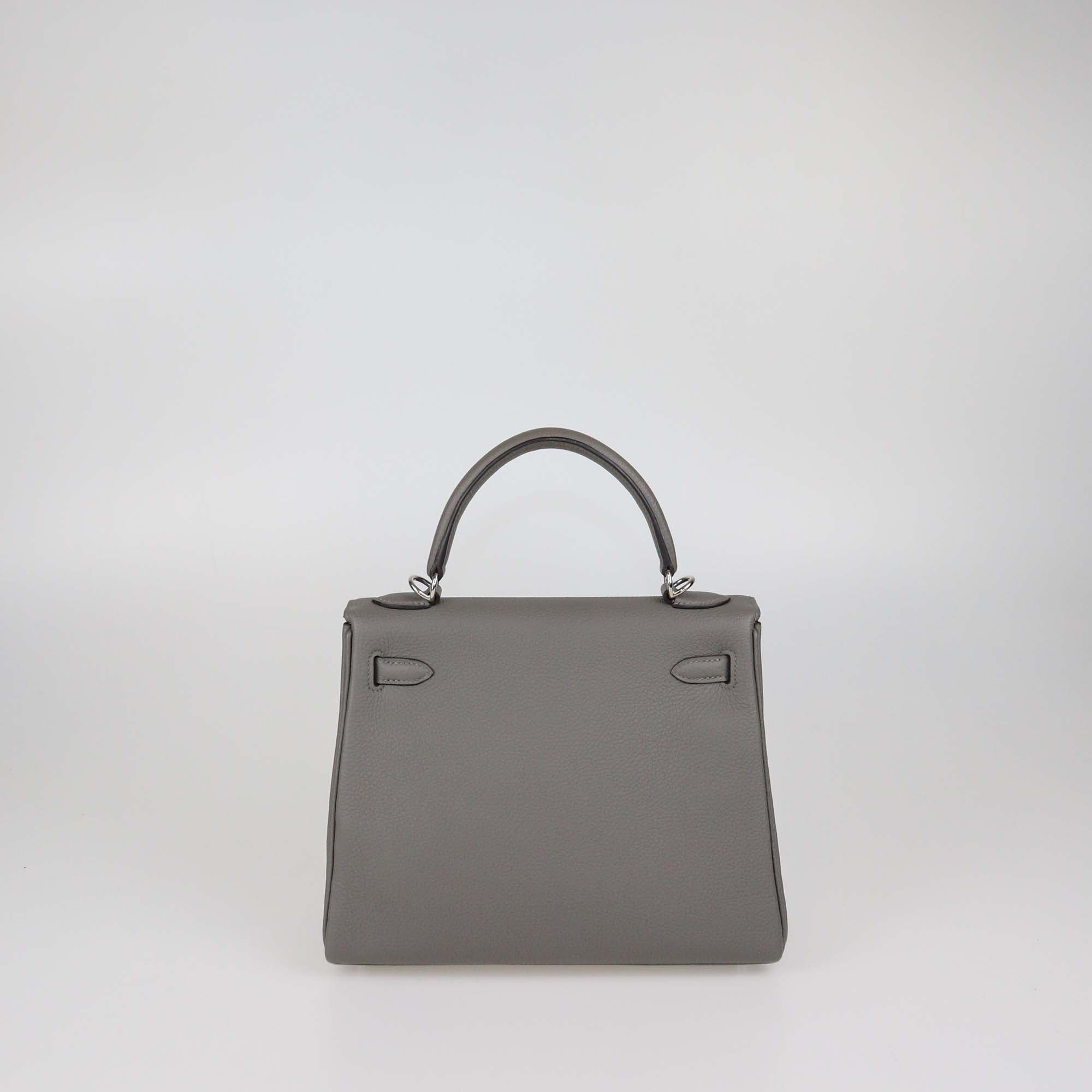 Hermes Gris Meyer Togo Leather Palladium Hardware Kelly Retourne 25 Bag