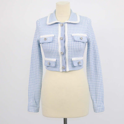 Self-Portrait Blue Lurex Knitted Cropped Cardigan