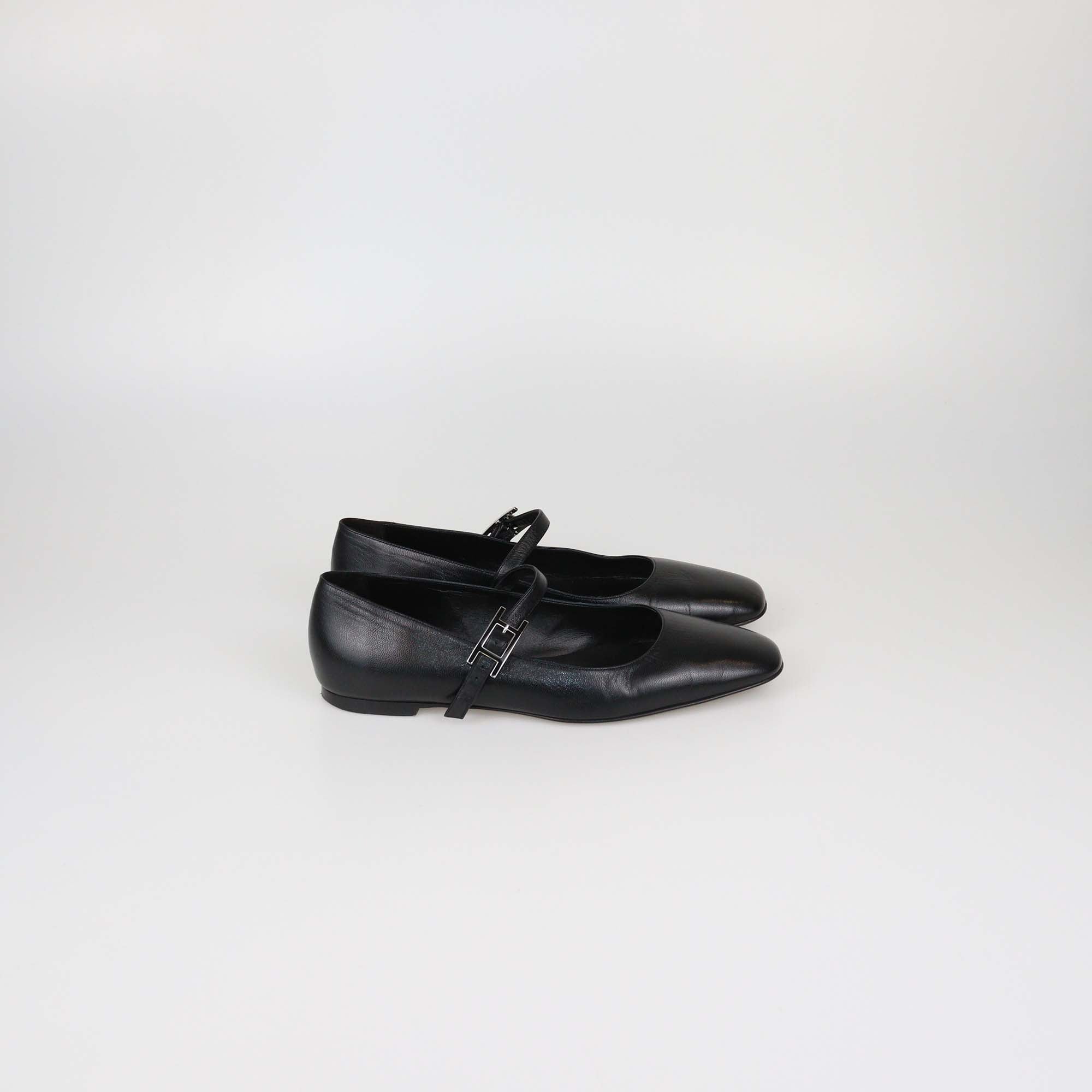 Hermes Black Leather Jane Ballet Flats