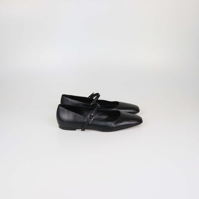 Hermes Black Leather Jane Ballet Flats