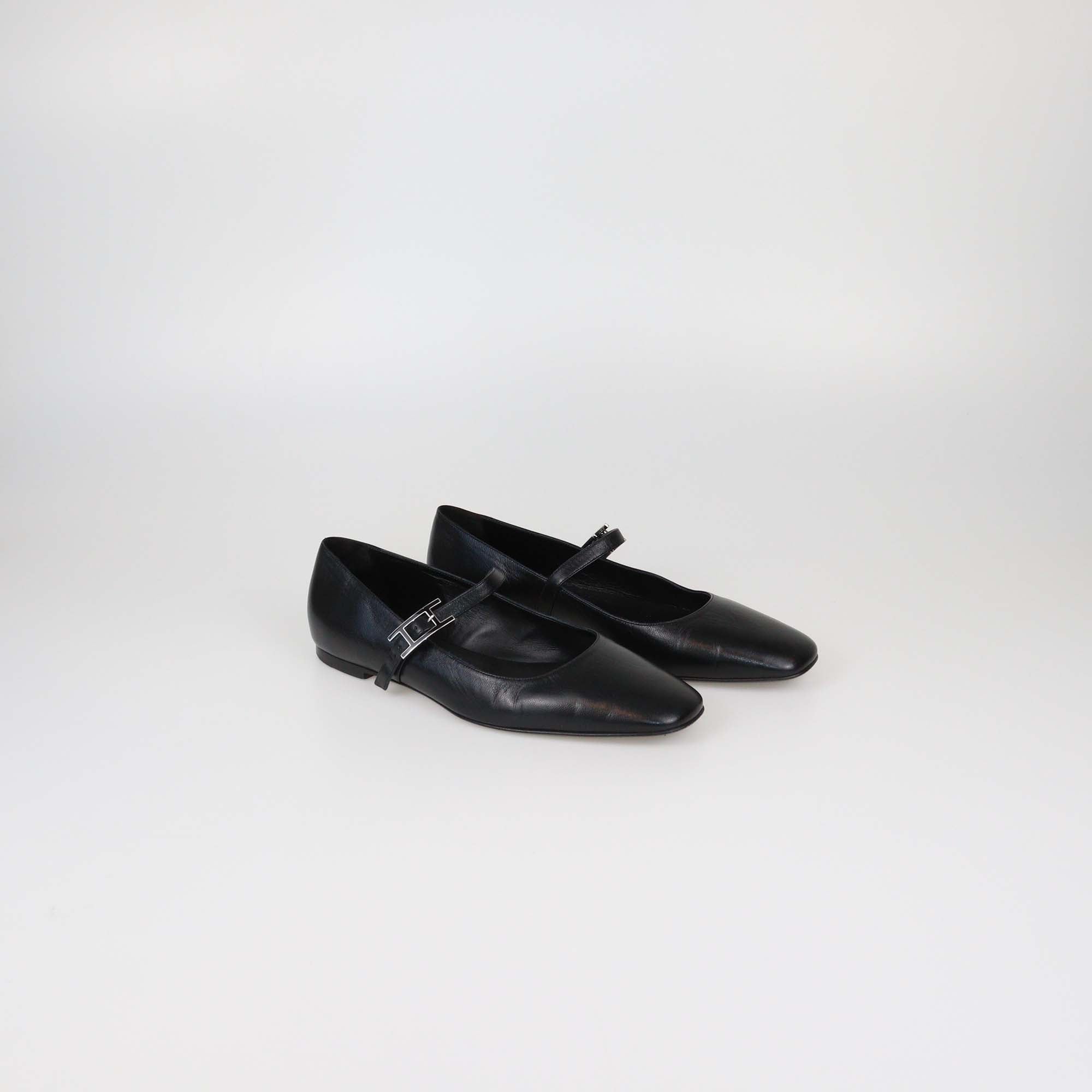Hermes Black Leather Jane Ballet Flats