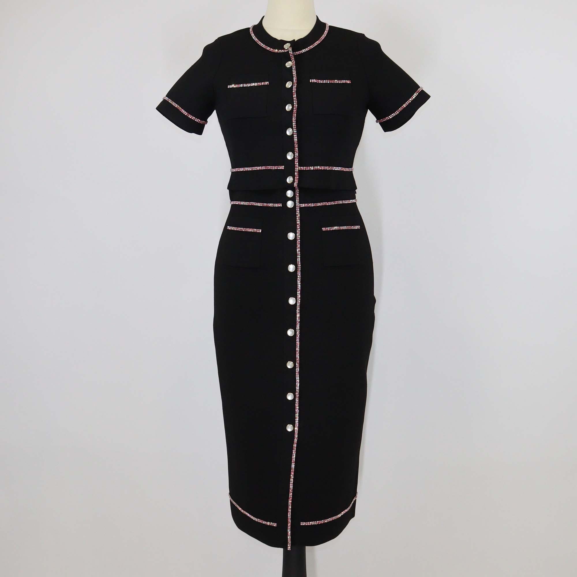 Sandro Black Blend Viscose Crystal Embellished Short Sleeve Crop Cardigan & Skirt Set