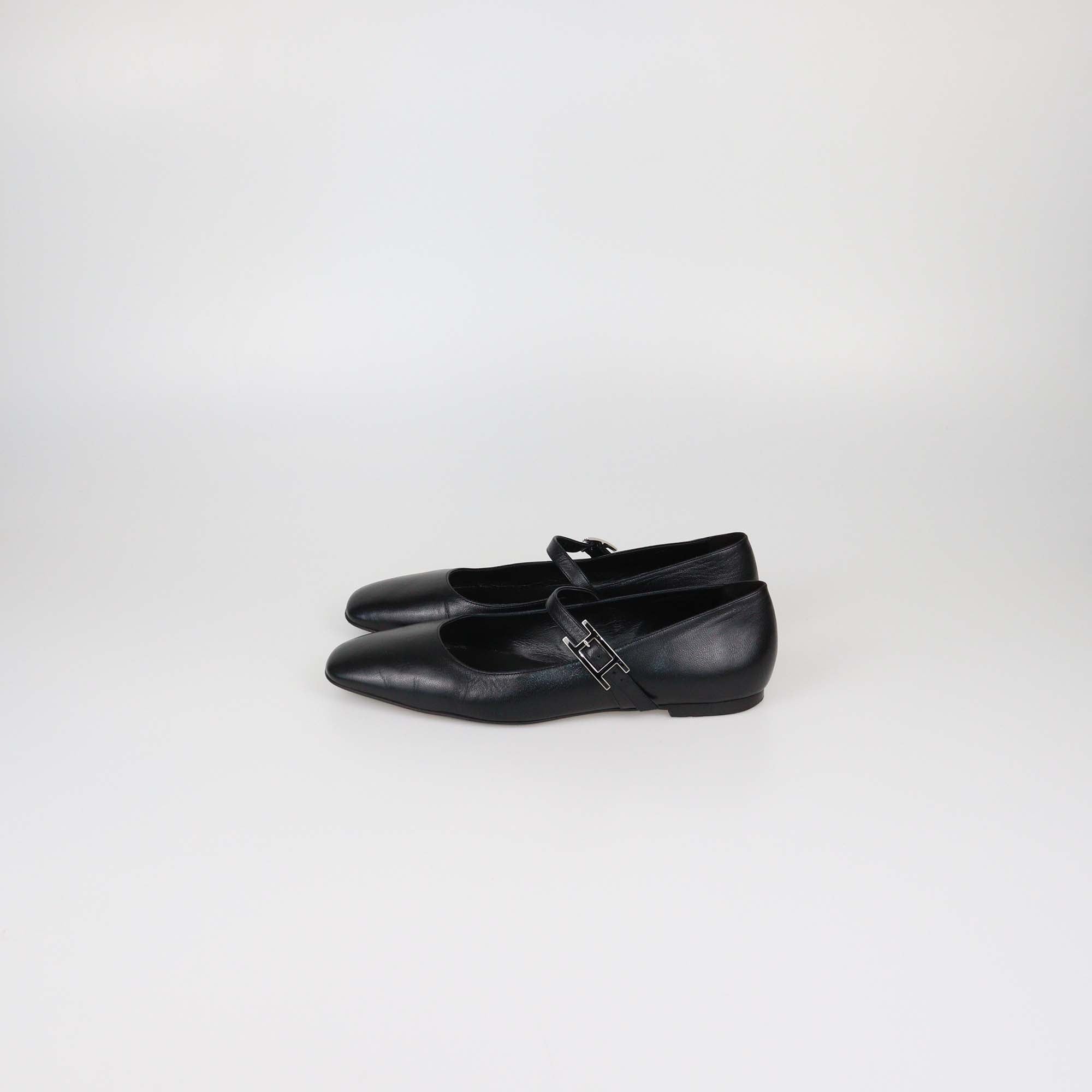 Hermes Black Leather Jane Ballet Flats