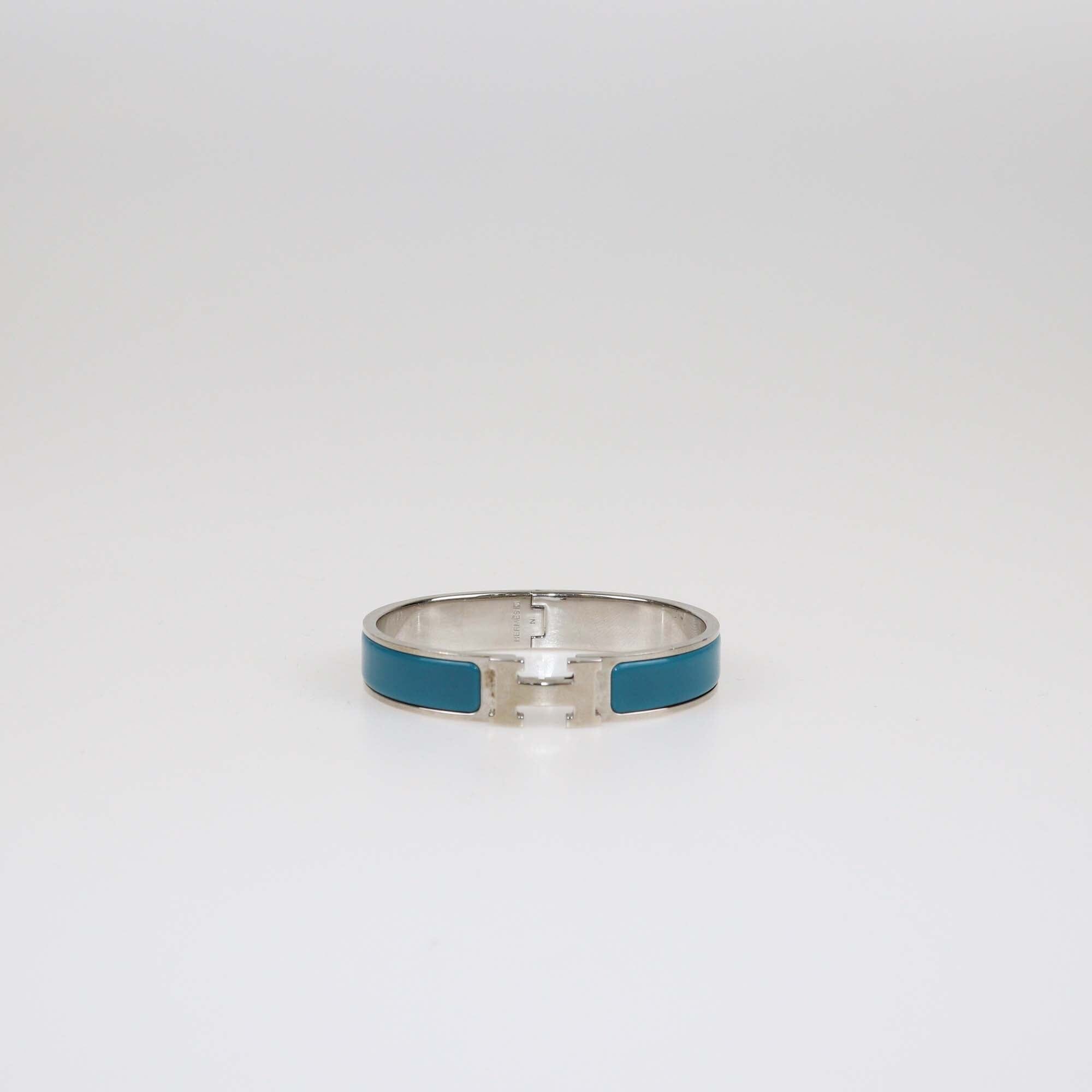 Hermes Clic H Blue Turquoise Enamel Palladium Finish Metal Narrow Bracelet Womens Hermes 