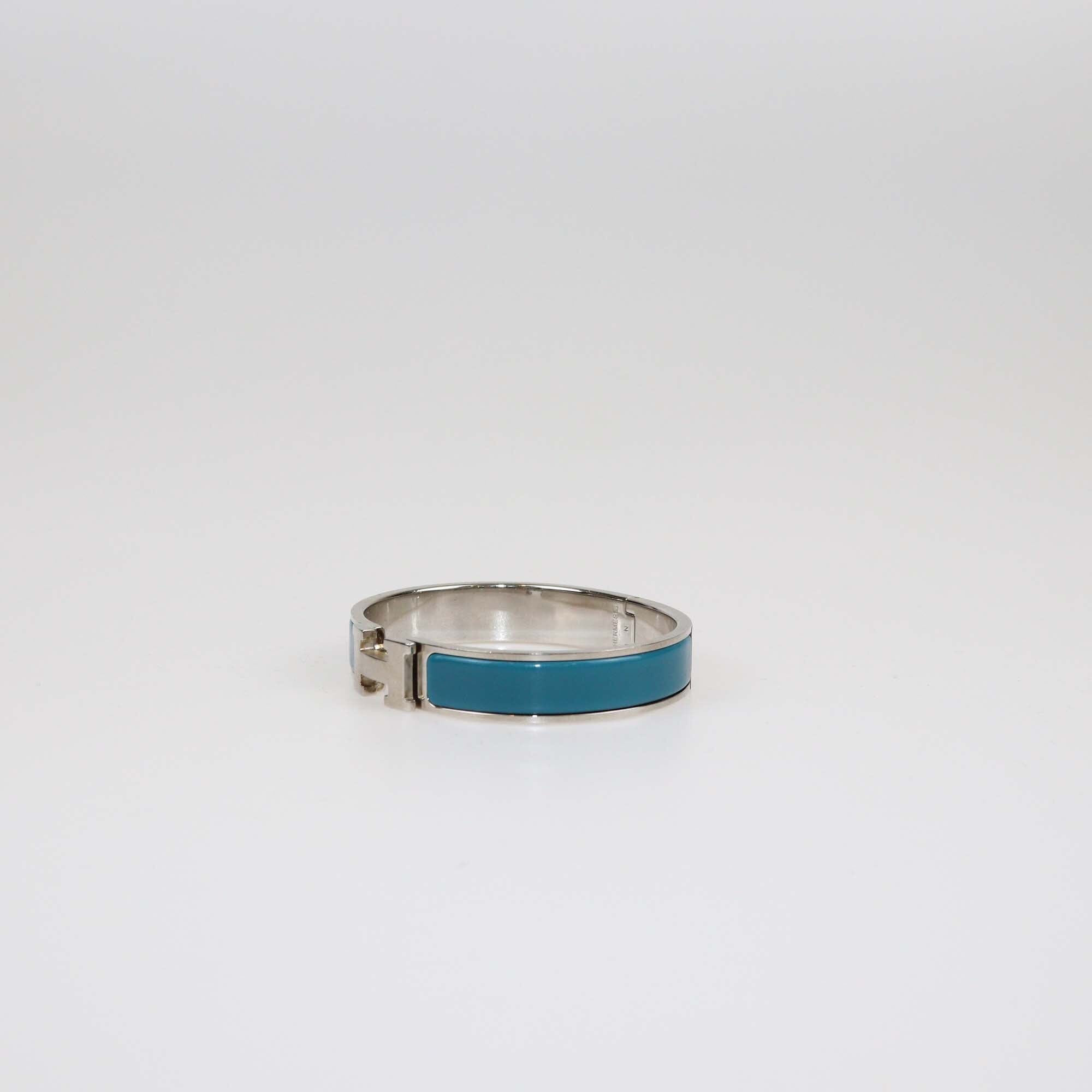 Hermes Clic H Blue Turquoise Enamel Palladium Finish Metal Narrow Bracelet Womens Hermes 