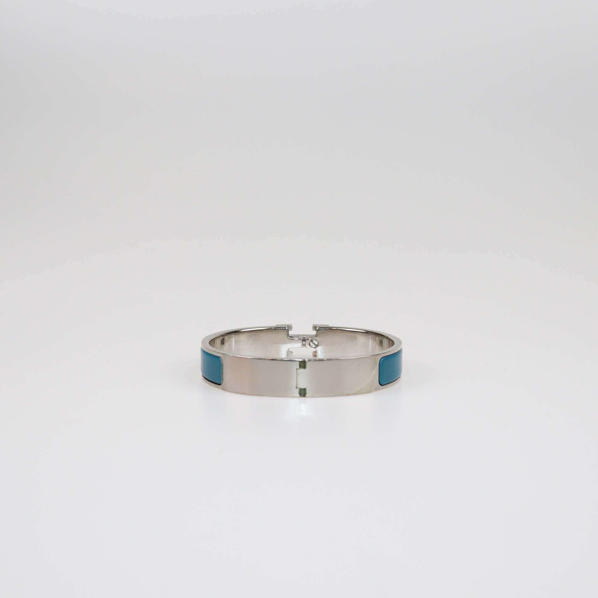 Hermes Clic H Blue Turquoise Enamel Palladium Finish Metal Narrow Bracelet Womens Hermes 