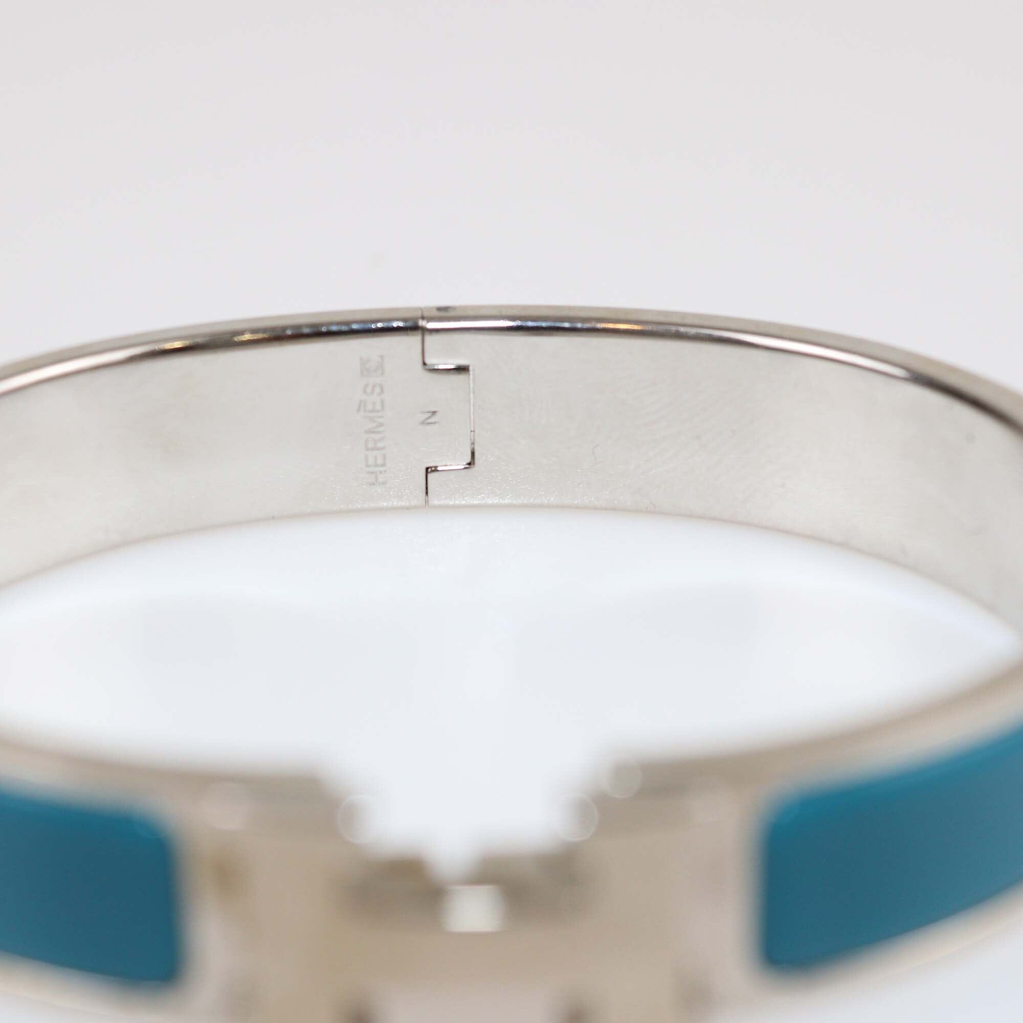 Hermes Clic H Blue Turquoise Enamel Palladium Finish Metal Narrow Bracelet Womens Hermes 