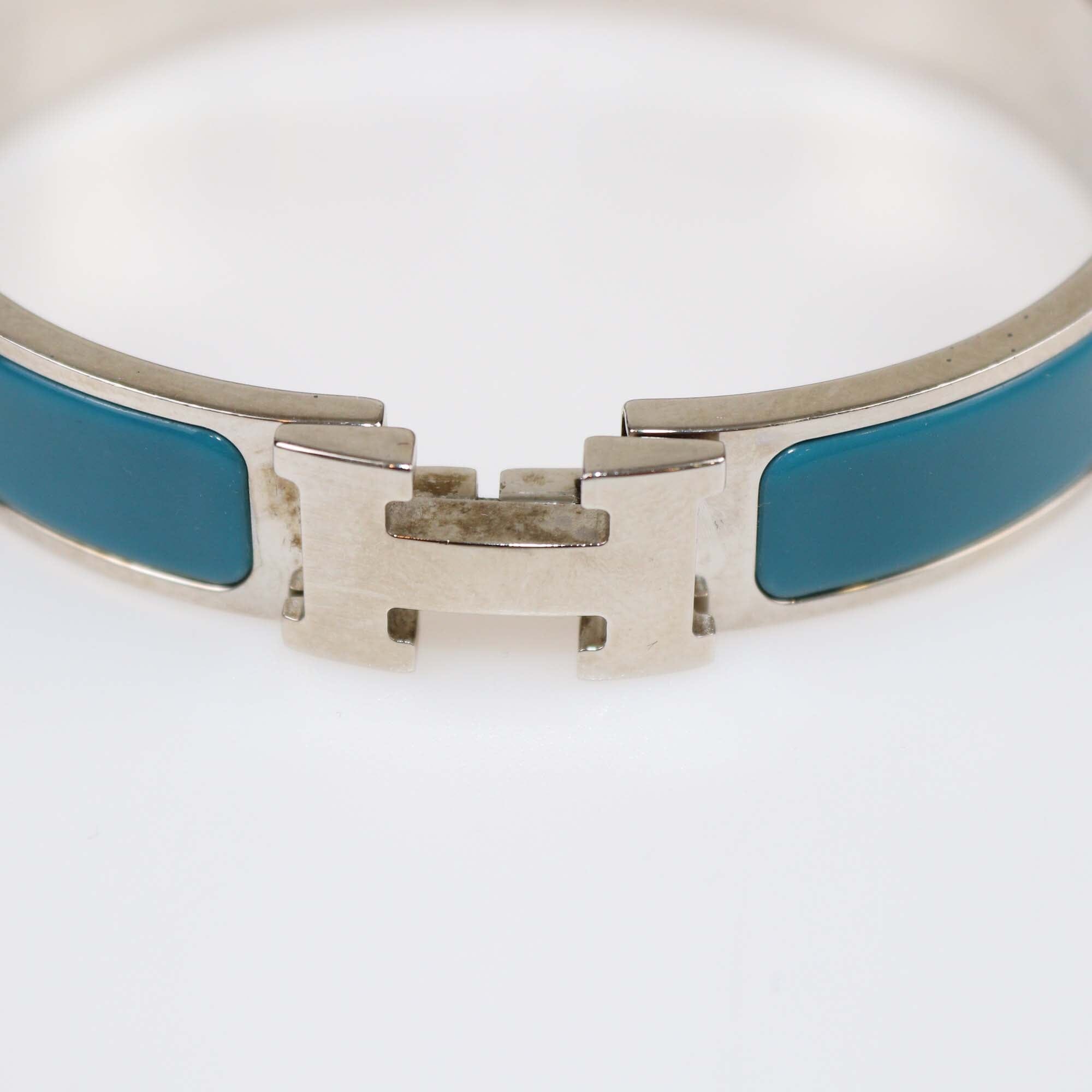 Hermes Clic H Blue Turquoise Enamel Palladium Finish Metal Narrow Bracelet Womens Hermes 