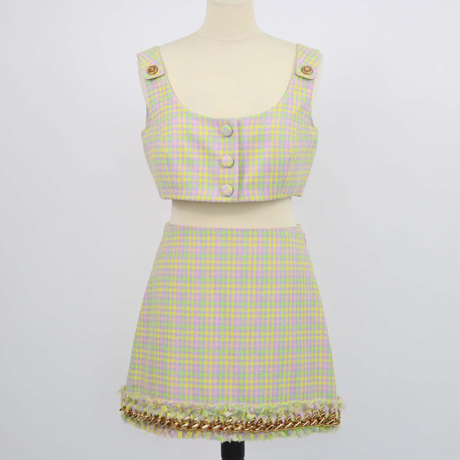 Versace Multicolor Tweed Houndstooth Crop Top and Tweed Chain Mini Skirt Set