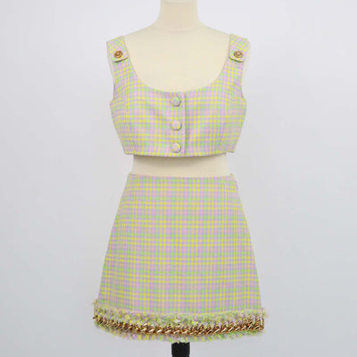 Versace Multicolor Tweed Houndstooth Crop Top and Tweed Chain Mini Skirt Set