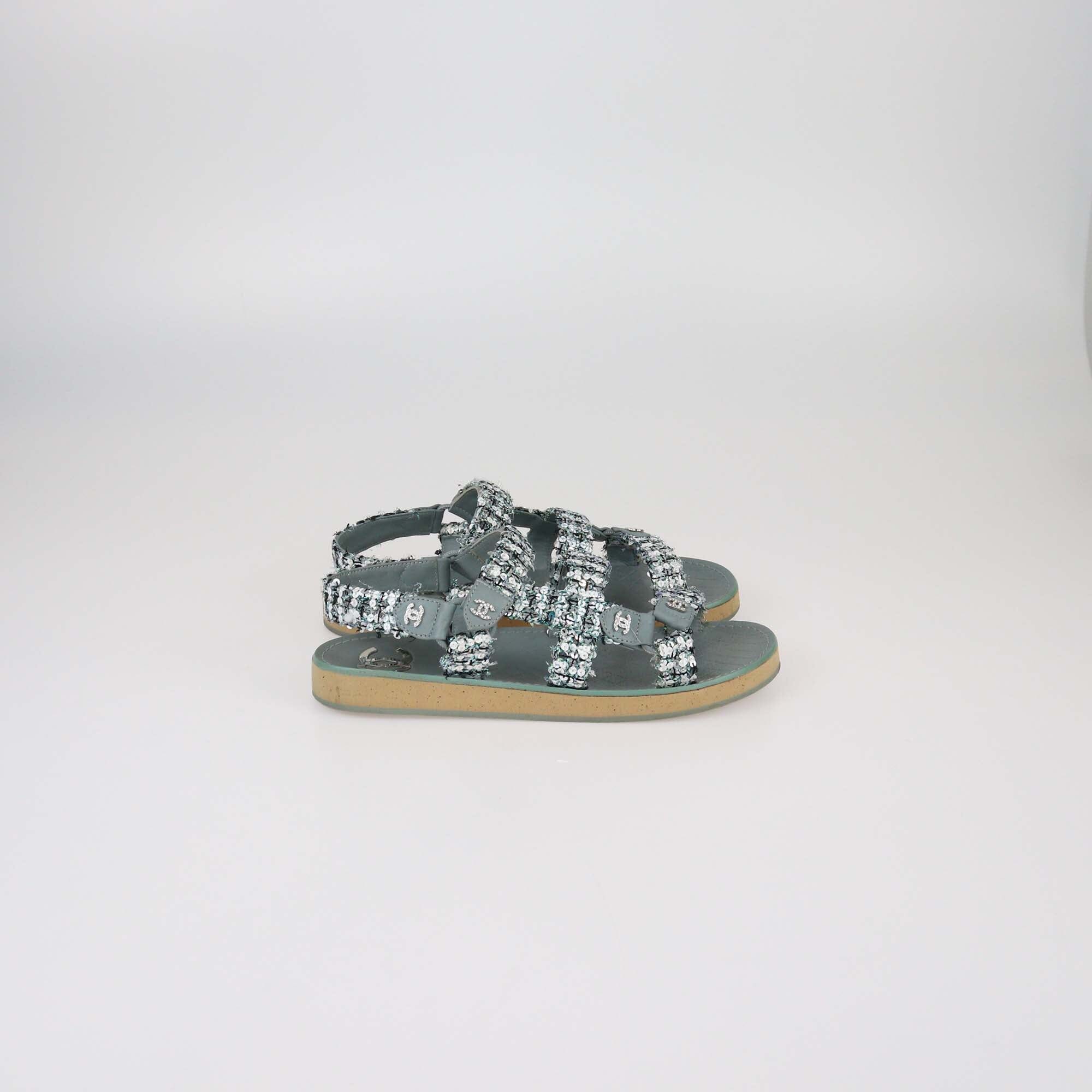 Chanel Green Tweed and Sequins Sandals Womens Chanel 