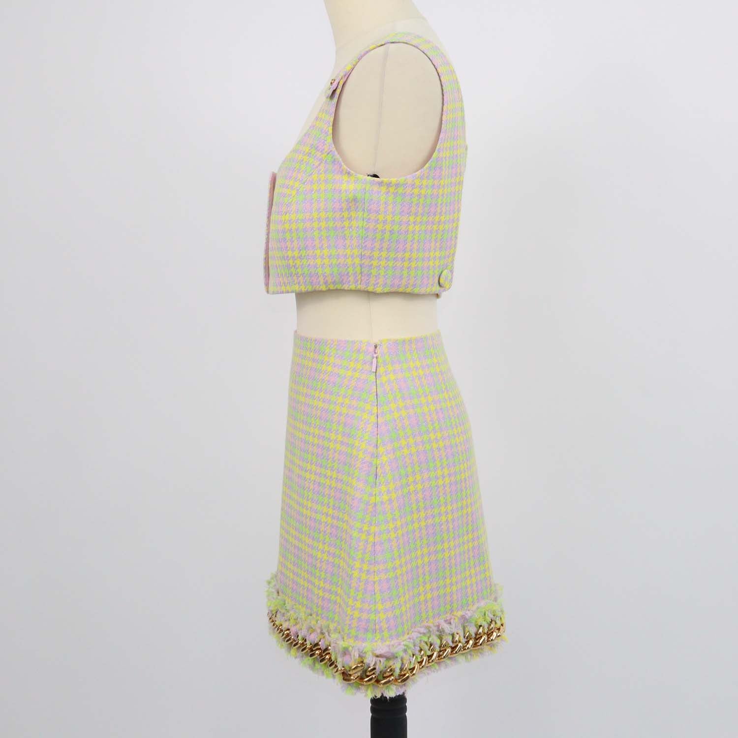 Versace Multicolor Tweed Houndstooth Crop Top and Tweed Chain Mini Skirt Set