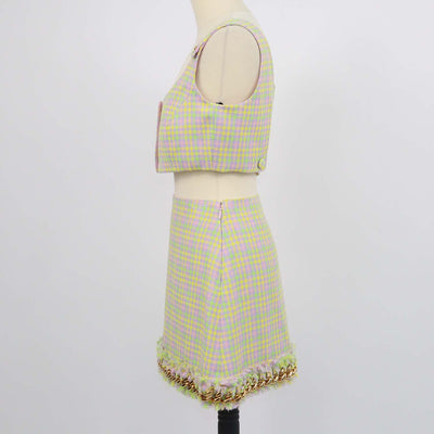 Versace Multicolor Tweed Houndstooth Crop Top and Tweed Chain Mini Skirt Set