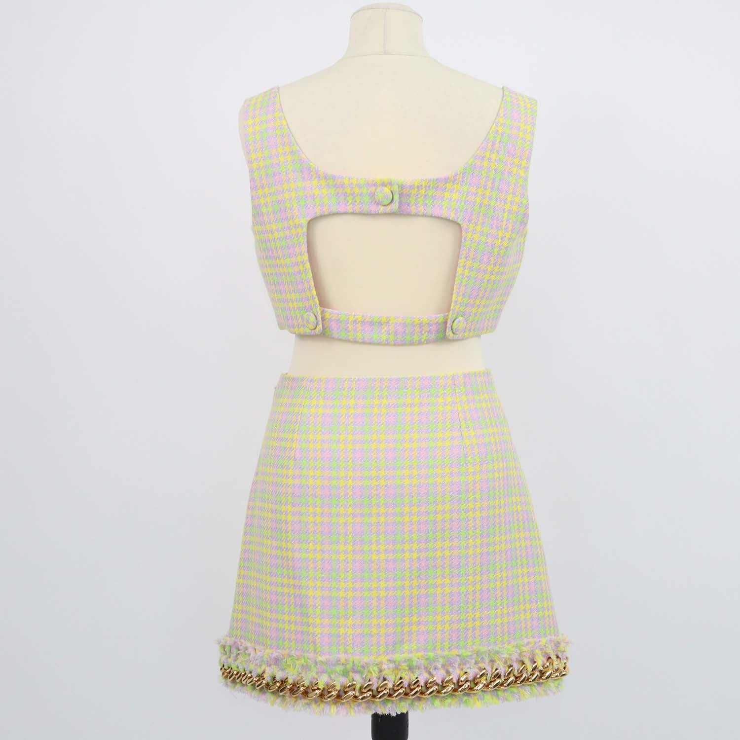 Versace Multicolor Tweed Houndstooth Crop Top and Tweed Chain Mini Skirt Set
