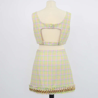 Versace Multicolor Tweed Houndstooth Crop Top and Tweed Chain Mini Skirt Set