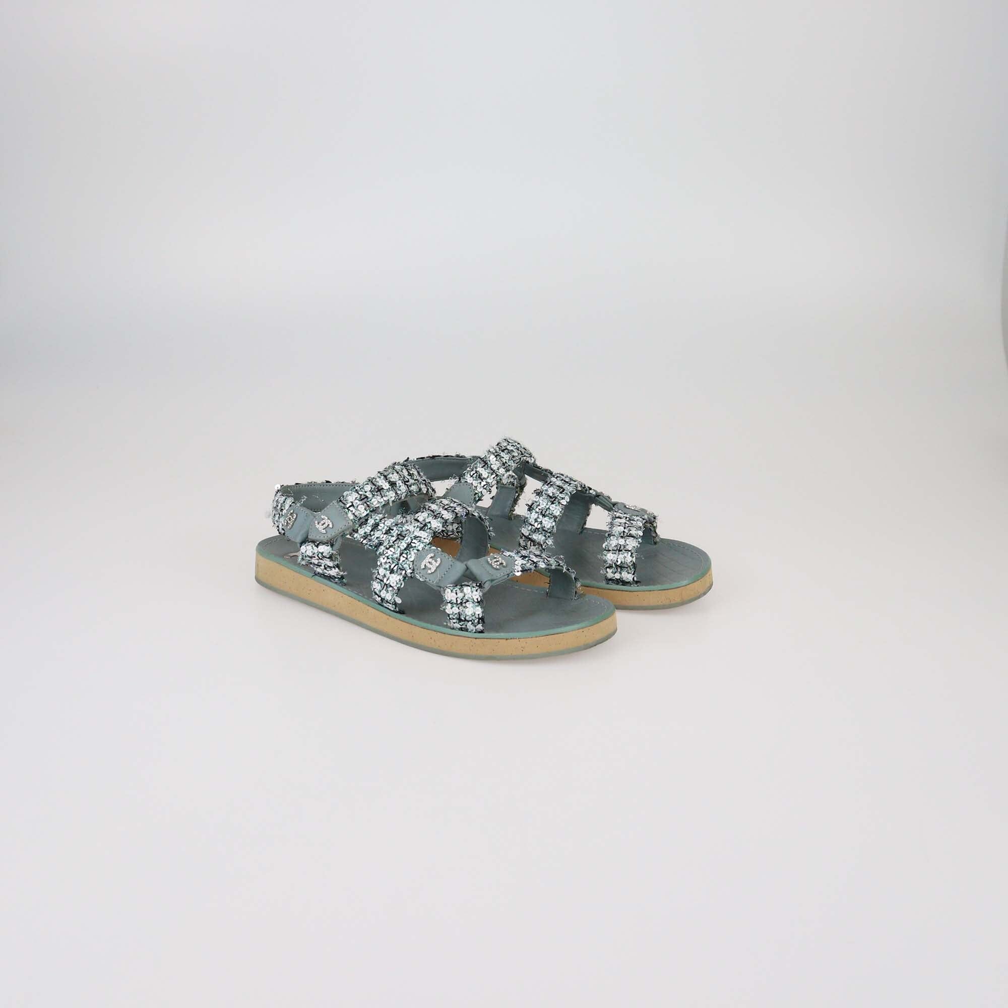 Chanel Green Tweed and Sequins Sandals Womens Chanel 