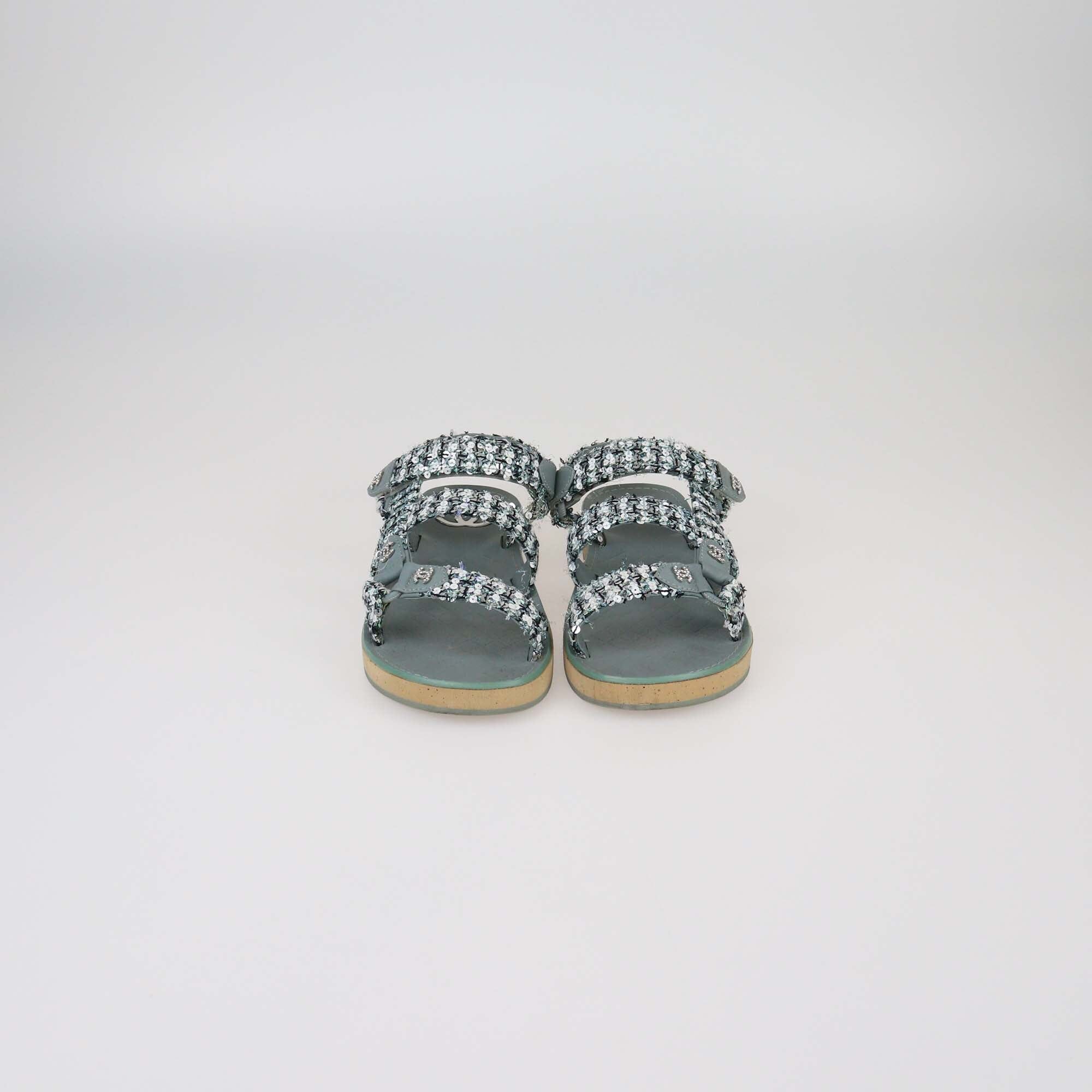 Chanel Green Tweed and Sequins Sandals Womens Chanel 