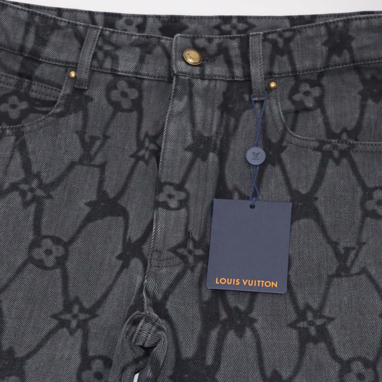 Louis VUitton Black Denim Monogram Fishnet Flared Pants