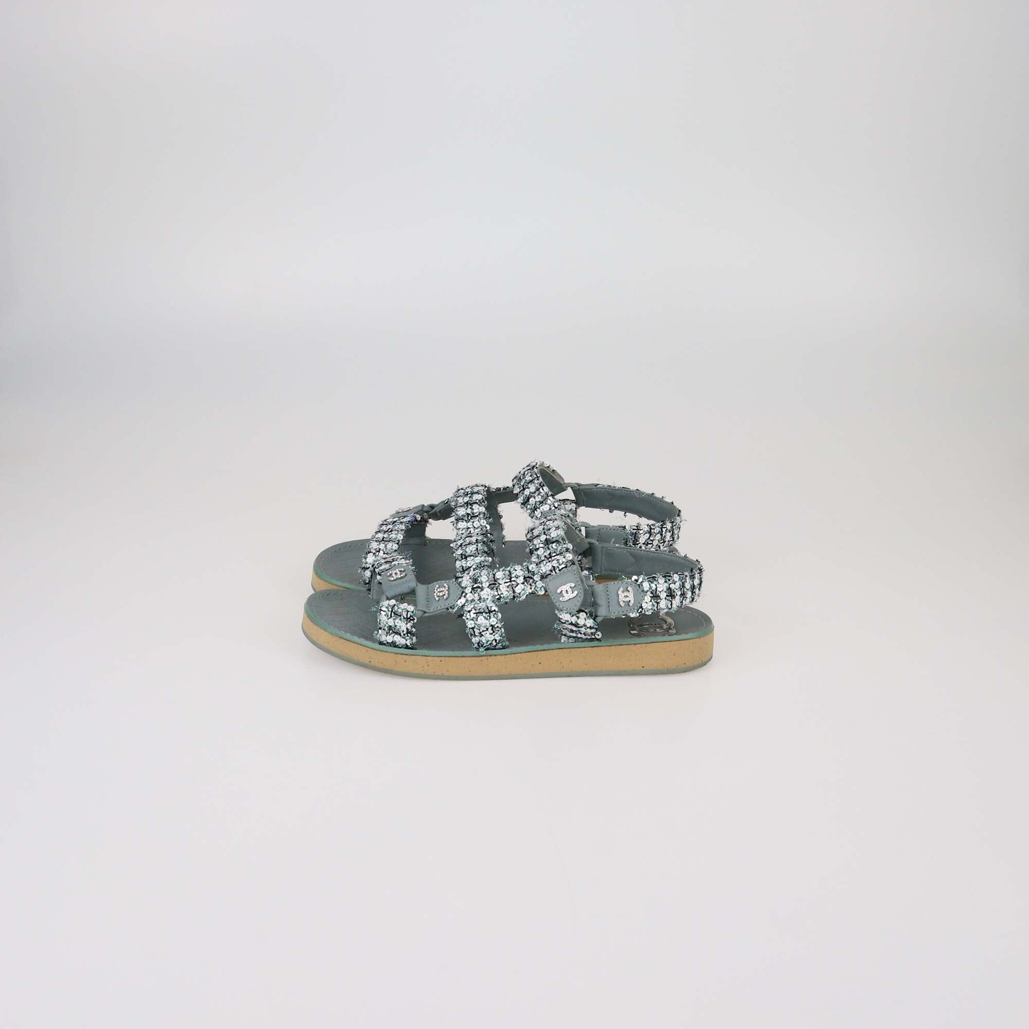 Chanel Green Tweed and Sequins Sandals Womens Chanel 