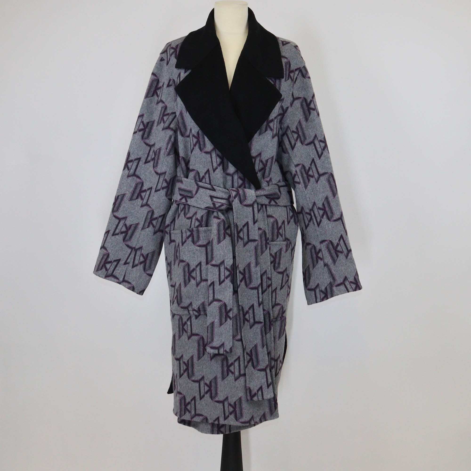 Karl Lagerfeld Grey Monogram Wool Soft Long Coat