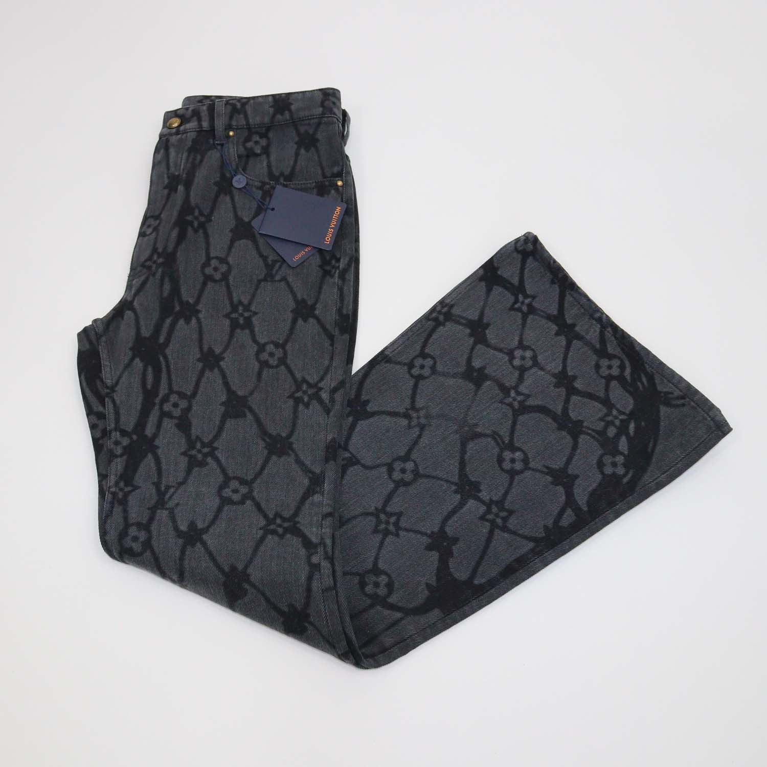 Louis VUitton Black Denim Monogram Fishnet Flared Pants