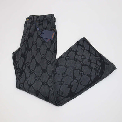 Louis VUitton Black Denim Monogram Fishnet Flared Pants