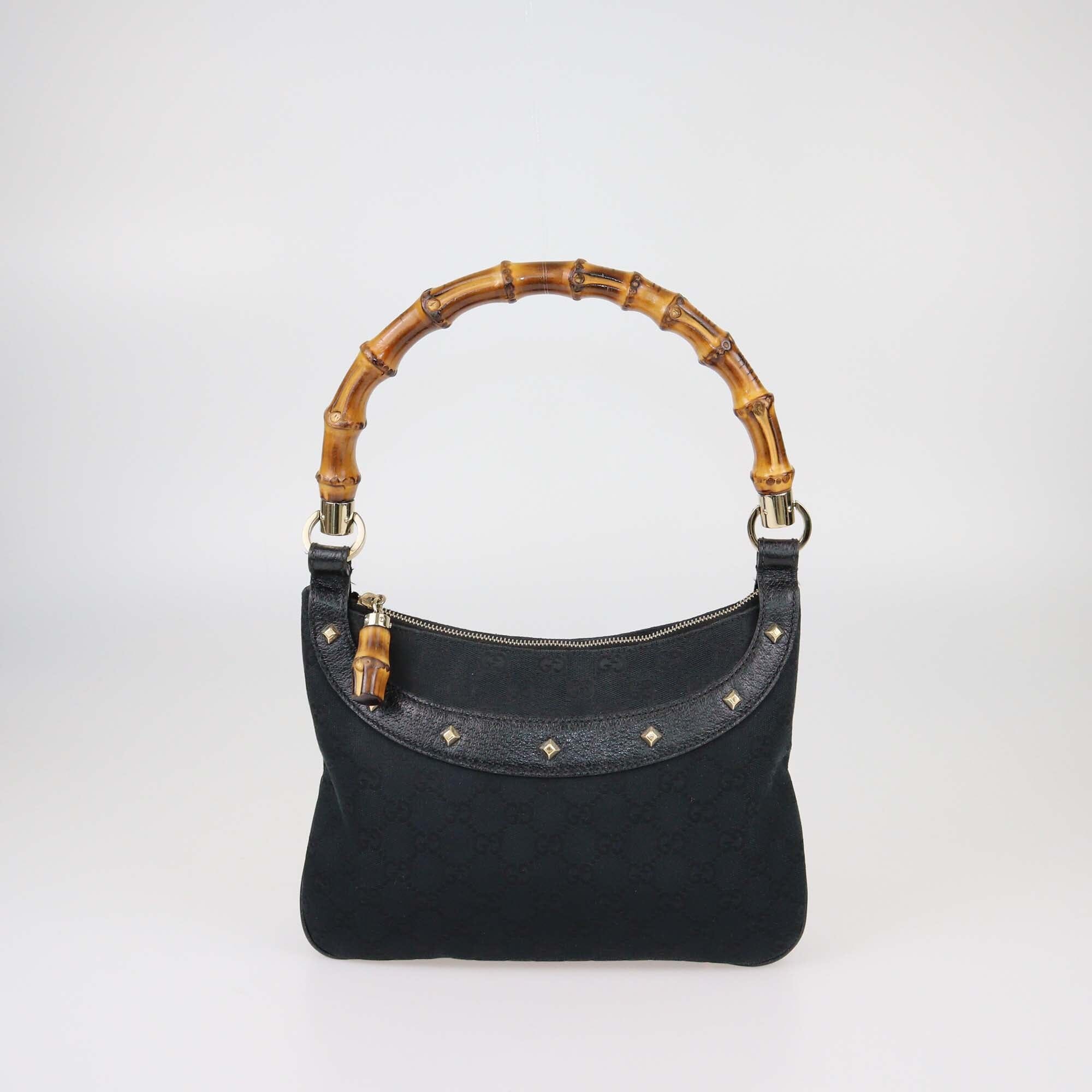 Gucci Black GG Canvas Anita Bamboo Leather Top Handle Bag Womens Gucci 