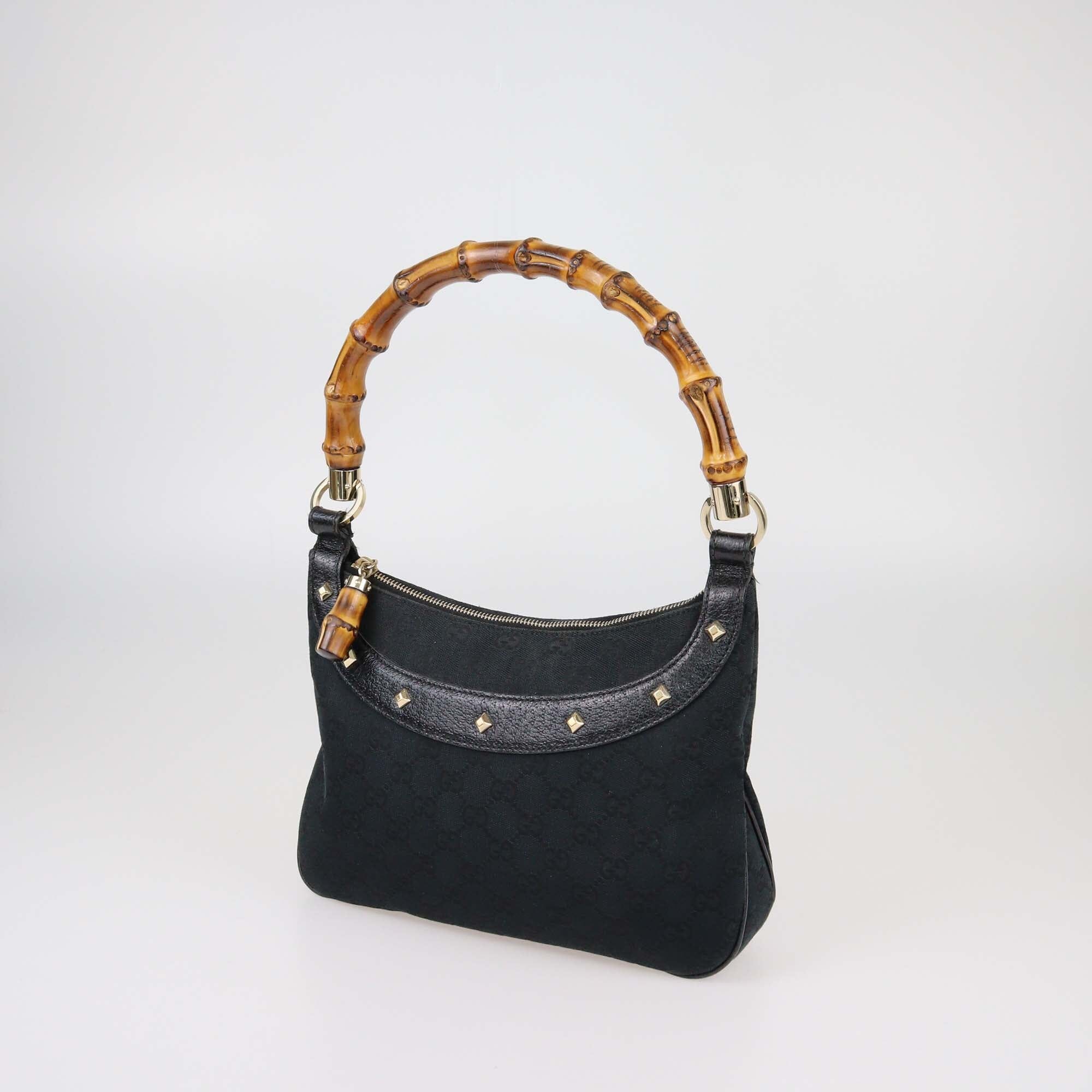 Gucci Black GG Canvas Anita Bamboo Leather Top Handle Bag Womens Gucci 