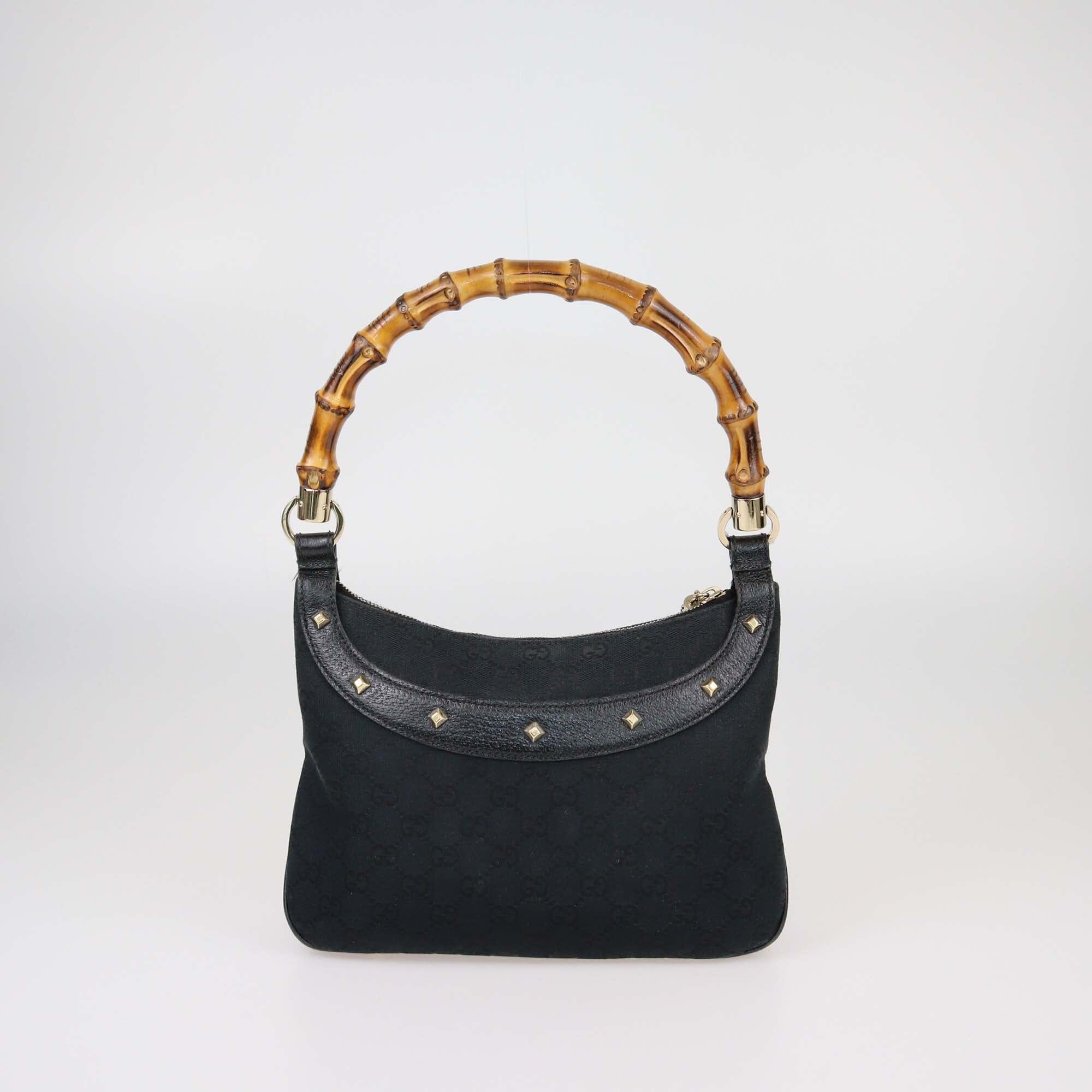 Gucci Black GG Canvas Anita Bamboo Leather Top Handle Bag Womens Gucci 