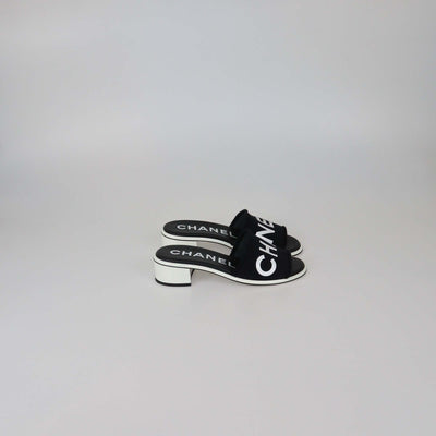 Chanel Black Leather Canvas Logo Print Slide Sandals