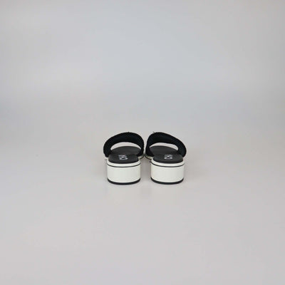 Chanel Black Leather Canvas Logo Print Slide Sandals
