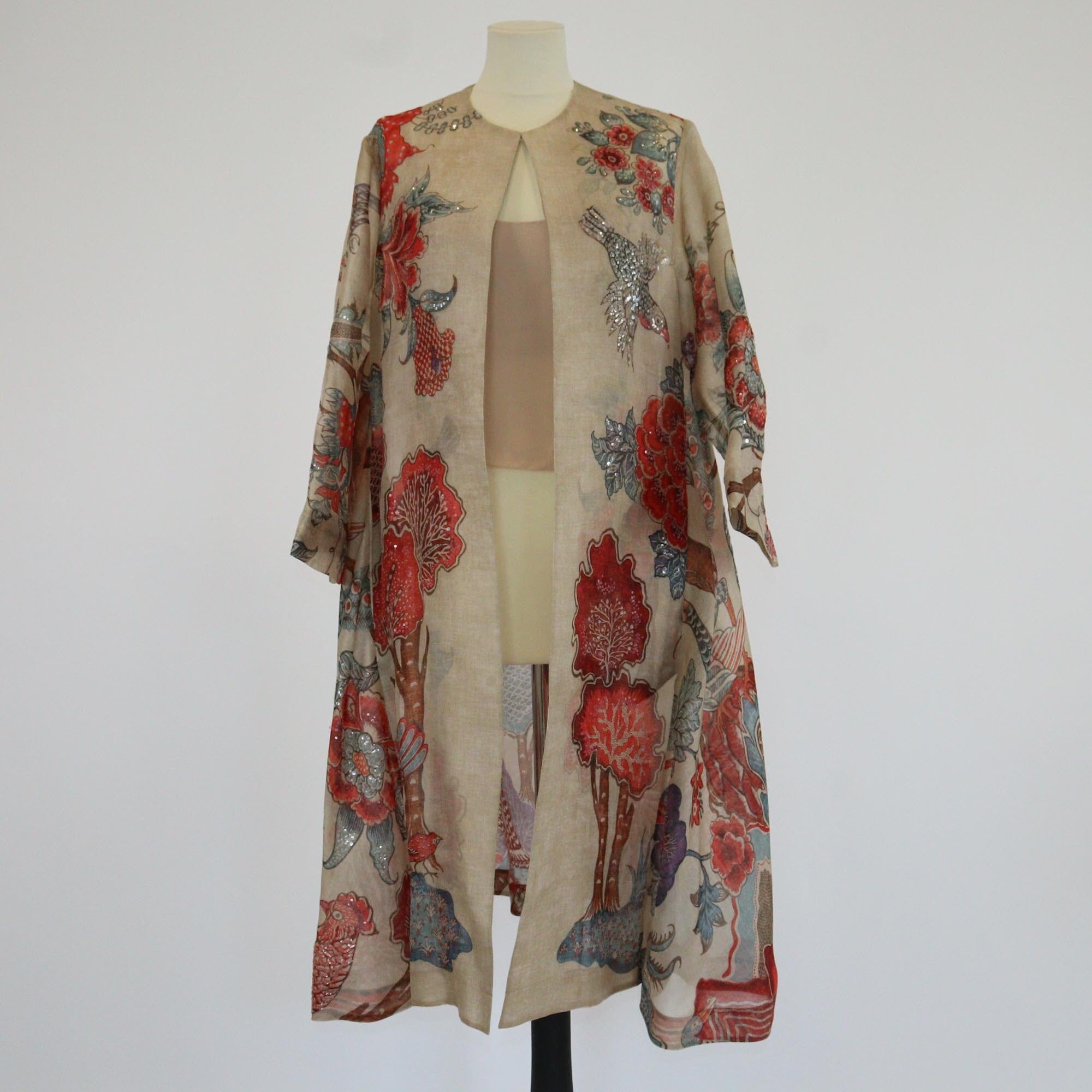 Biyan Multicolor Sequins Floral & Peacock Print Long Cape