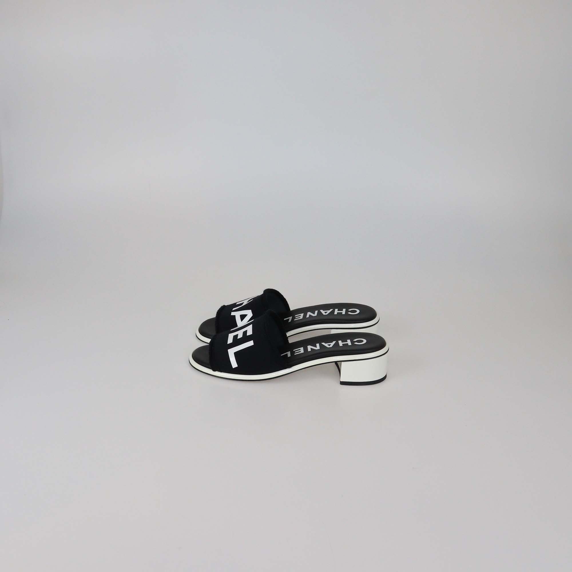 Chanel Black Leather Canvas Logo Print Slide Sandals