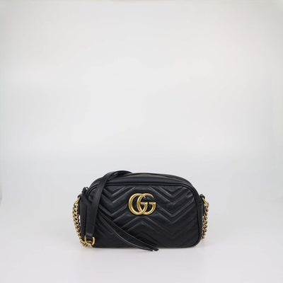 Gucci Black Matelasse Leather Small GG Marmont Camera Bag