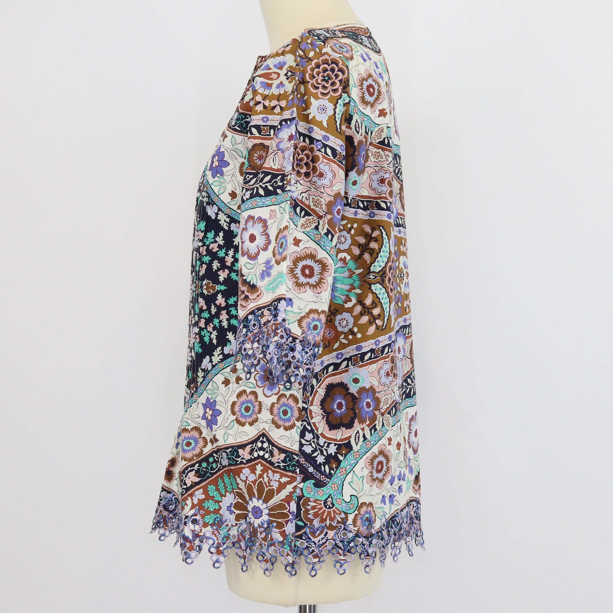 Etro Multicolor Cotton Floral Print Embroidered Pleated Top