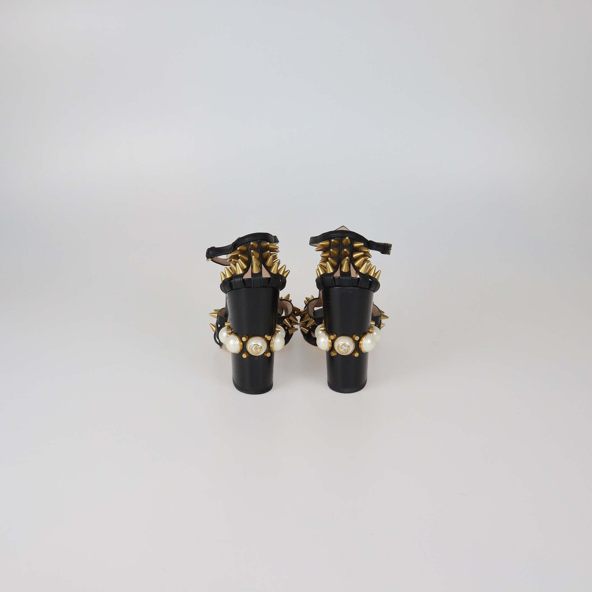 Gucci Black Leather Spiked Embellished Kendall Ankle Strap Sandals