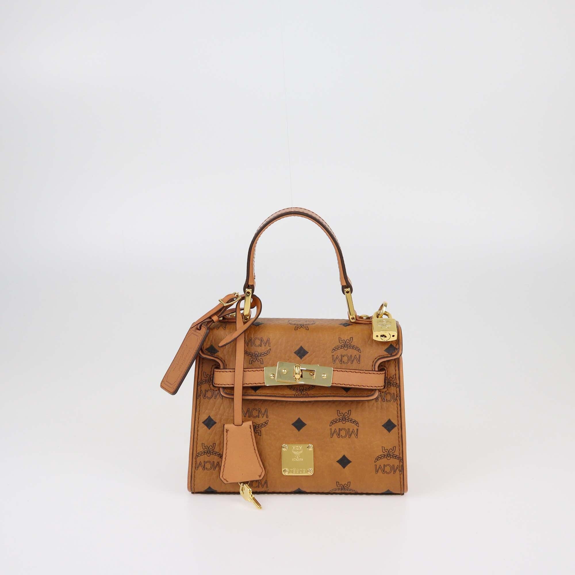 MCM Cognac Visetos Mini Heritage Leather Top Handle Bag Womens MCM 