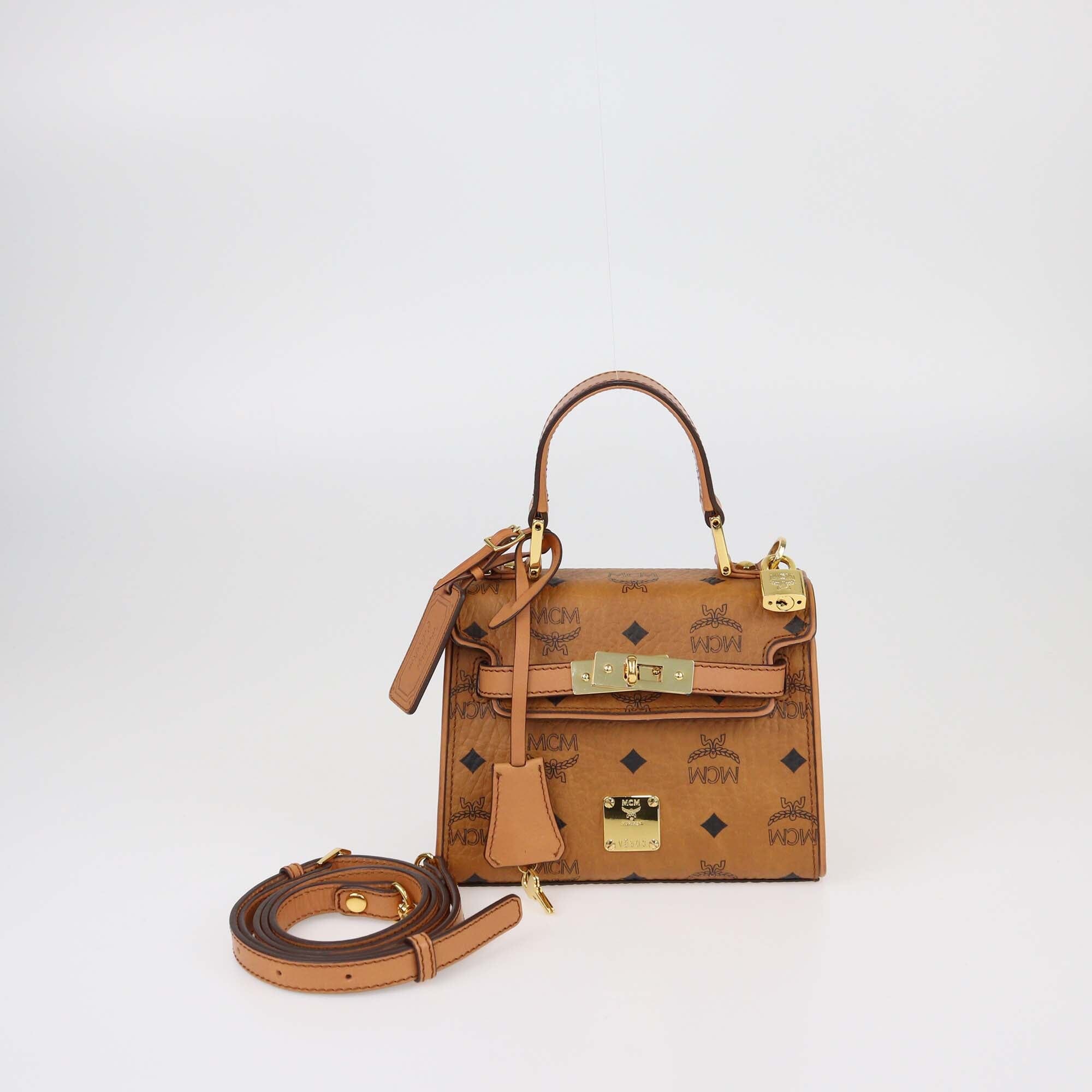 MCM Cognac Visetos Mini Heritage Leather Top Handle Bag Womens MCM 