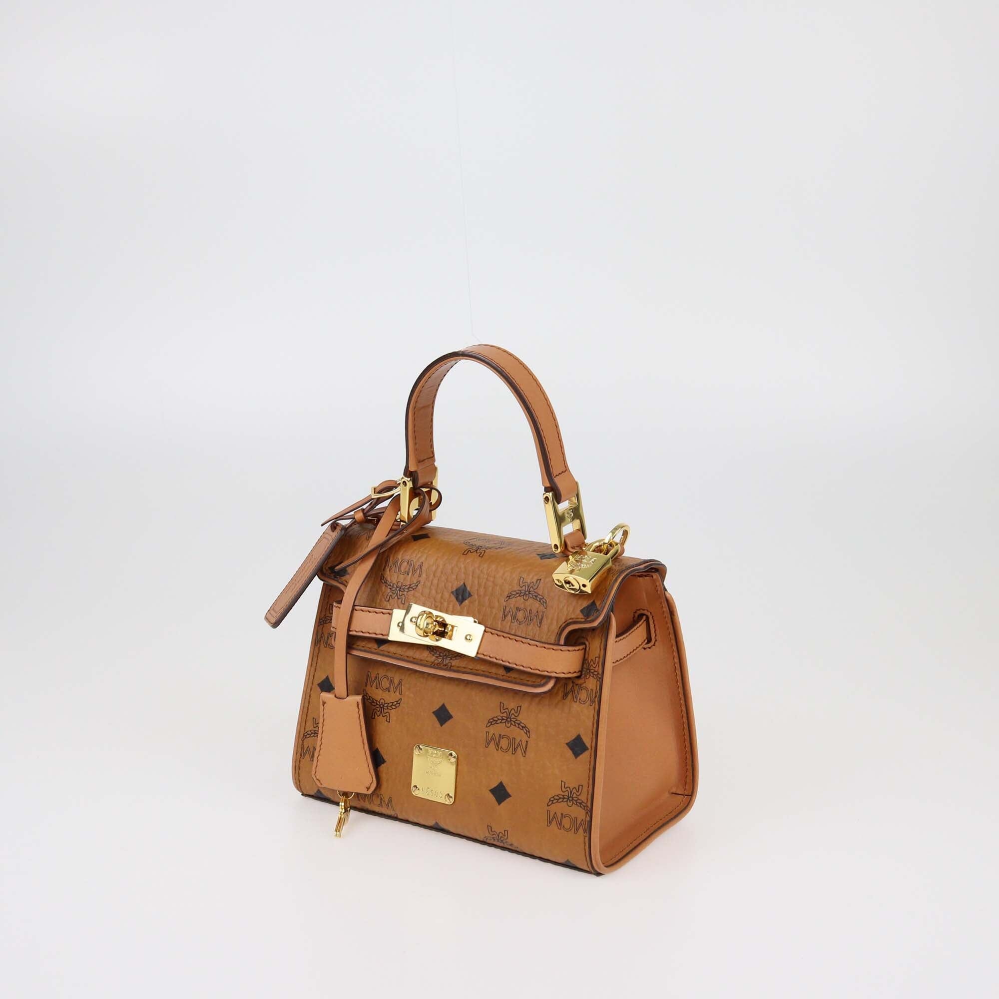 MCM Cognac Visetos Mini Heritage Leather Top Handle Bag Womens MCM 