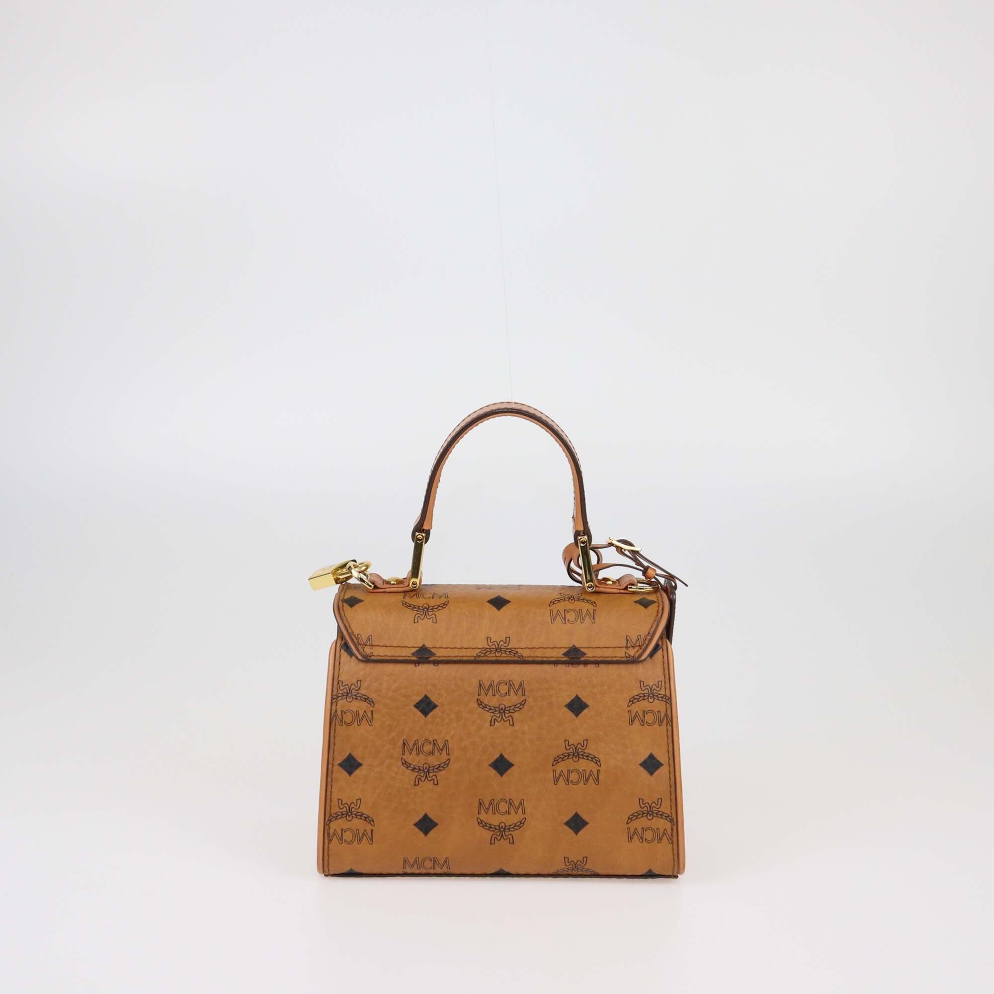 MCM Cognac Visetos Mini Heritage Leather Top Handle Bag Womens MCM 