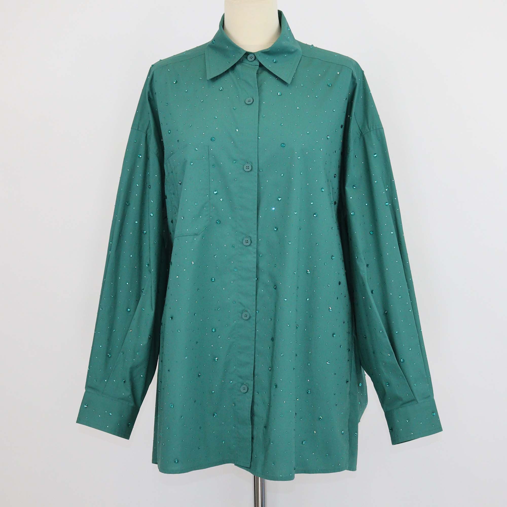 Sandro Green Cotton Argentine Rhinestone Embellished Button Up Long Sleeve Shirt