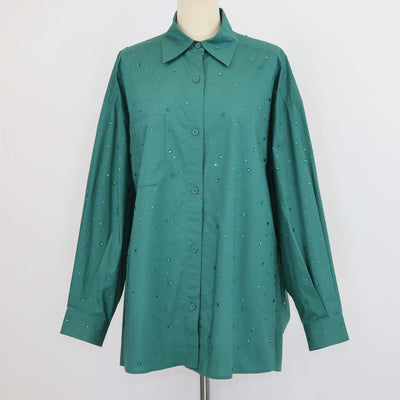 Sandro Green Cotton Argentine Rhinestone Embellished Button Up Long Sleeve Shirt