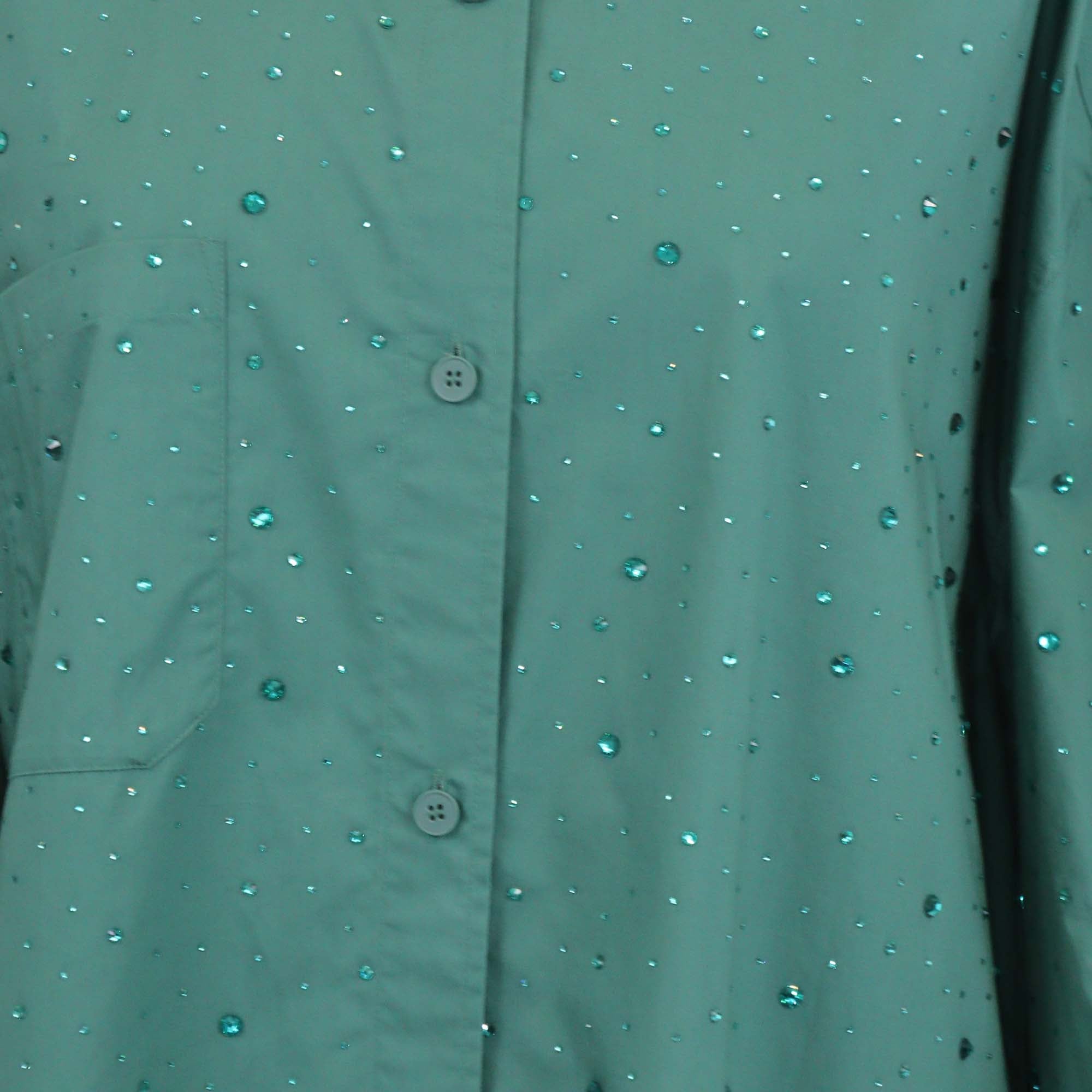 Sandro Green Cotton Argentine Rhinestone Embellished Button Up Long Sleeve Shirt