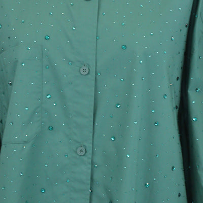 Sandro Green Cotton Argentine Rhinestone Embellished Button Up Long Sleeve Shirt