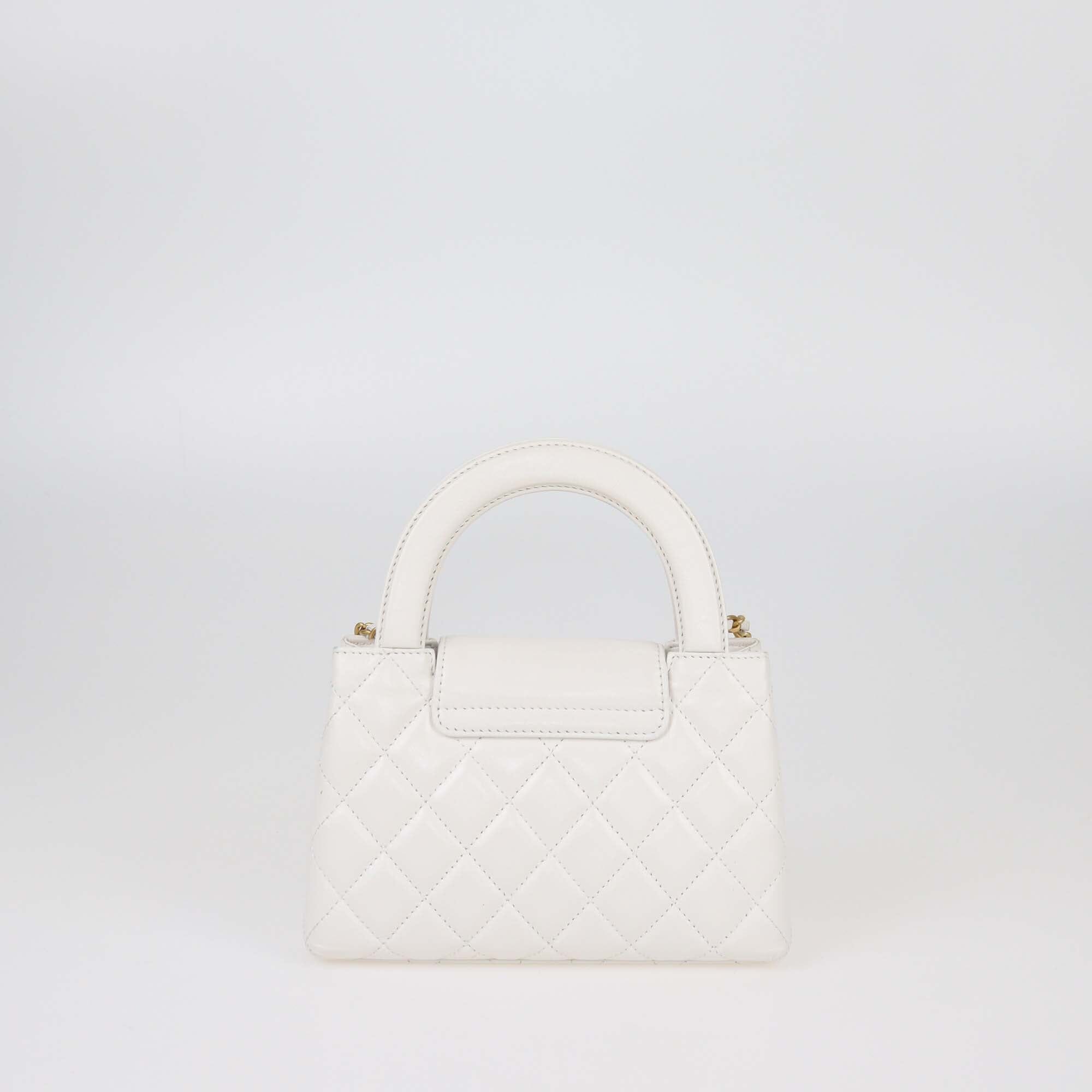 Chanel White Leather Quilted Mini Kelly Top Handle Bag Womens Chanel 