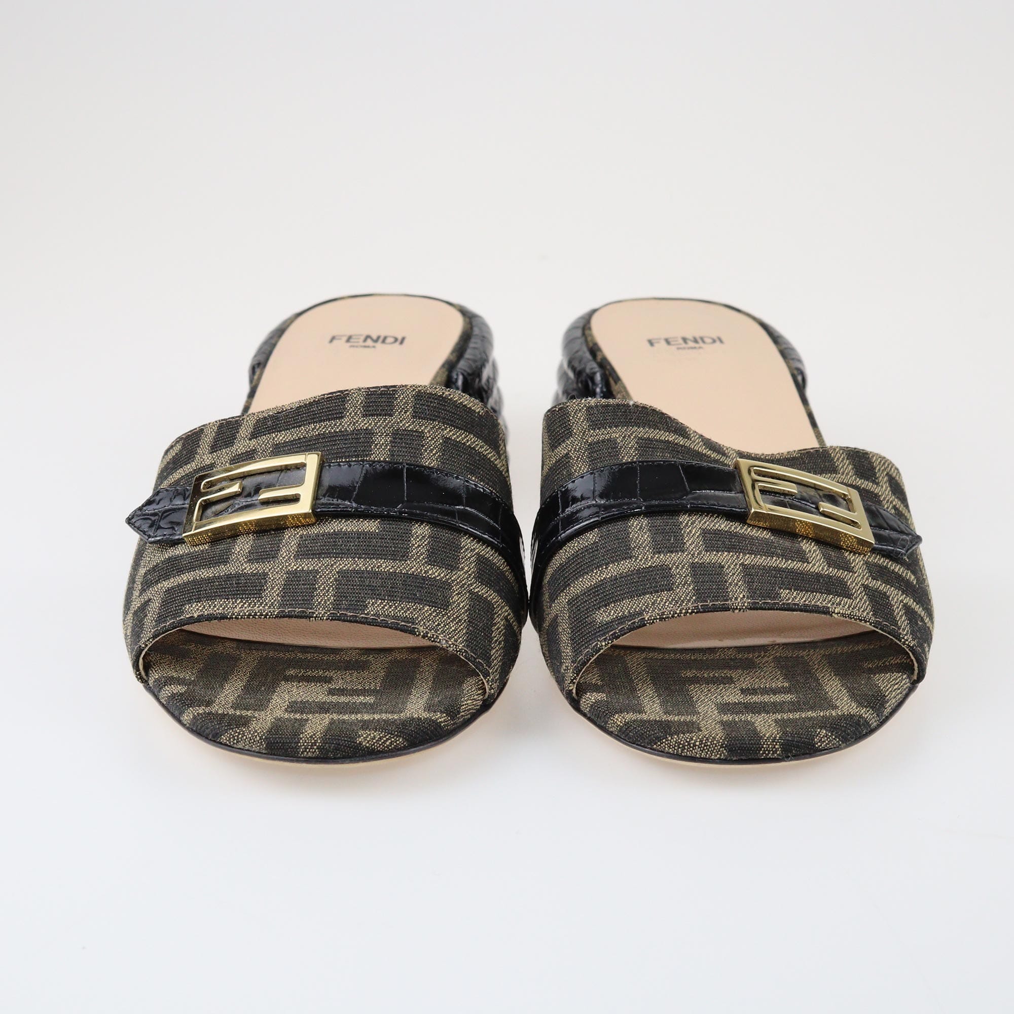 Fendi Brown/Black Zucca Block Heel Sandals Shoes Fendi 
