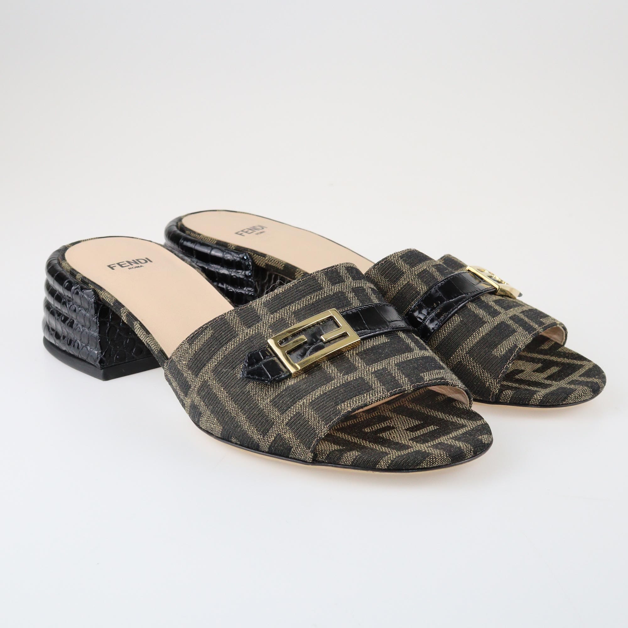 Fendi Brown/Black Zucca Block Heel Sandals Shoes Fendi 