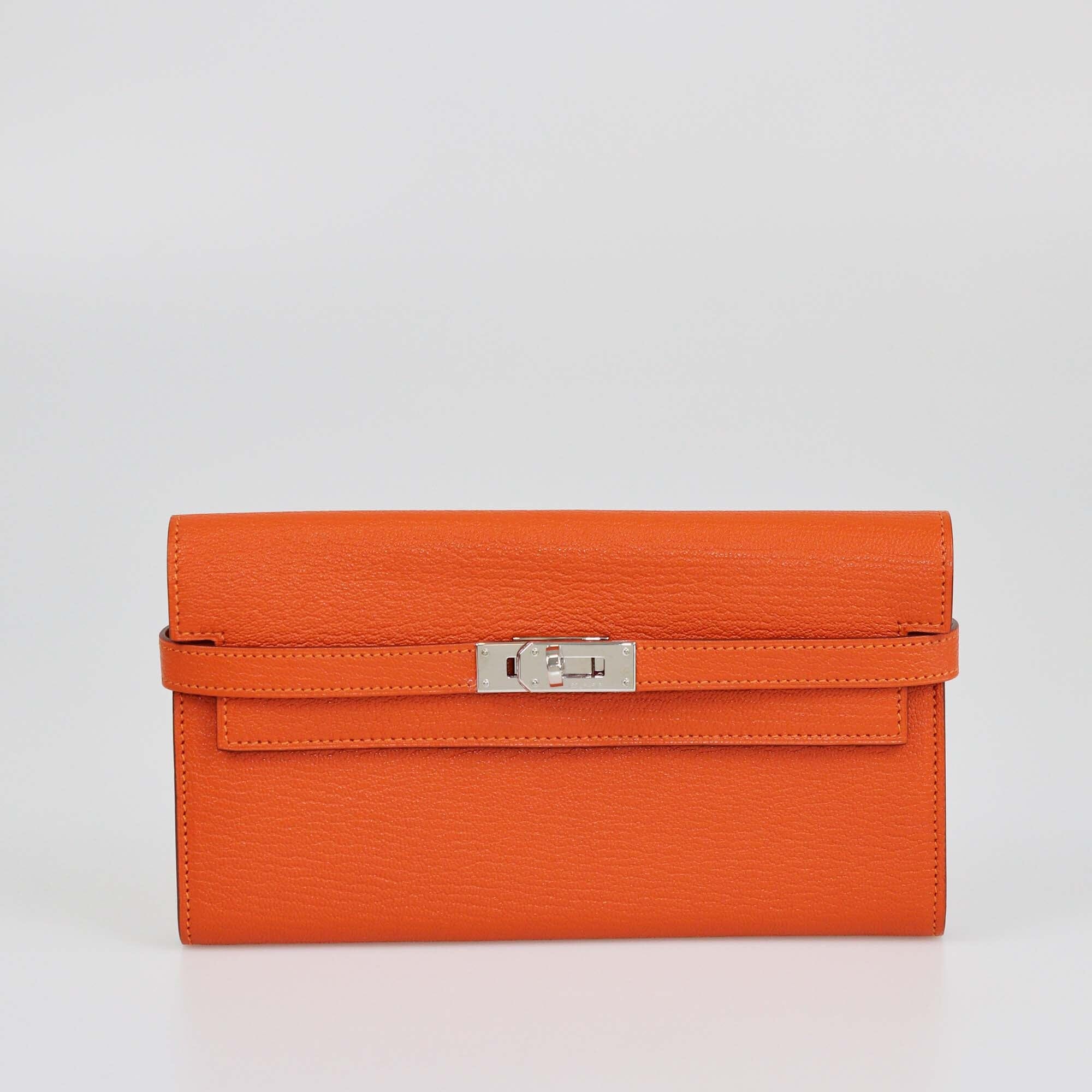 Hermes Orange Chevre Mysore Kelly Long Wallet Womens Hermes 